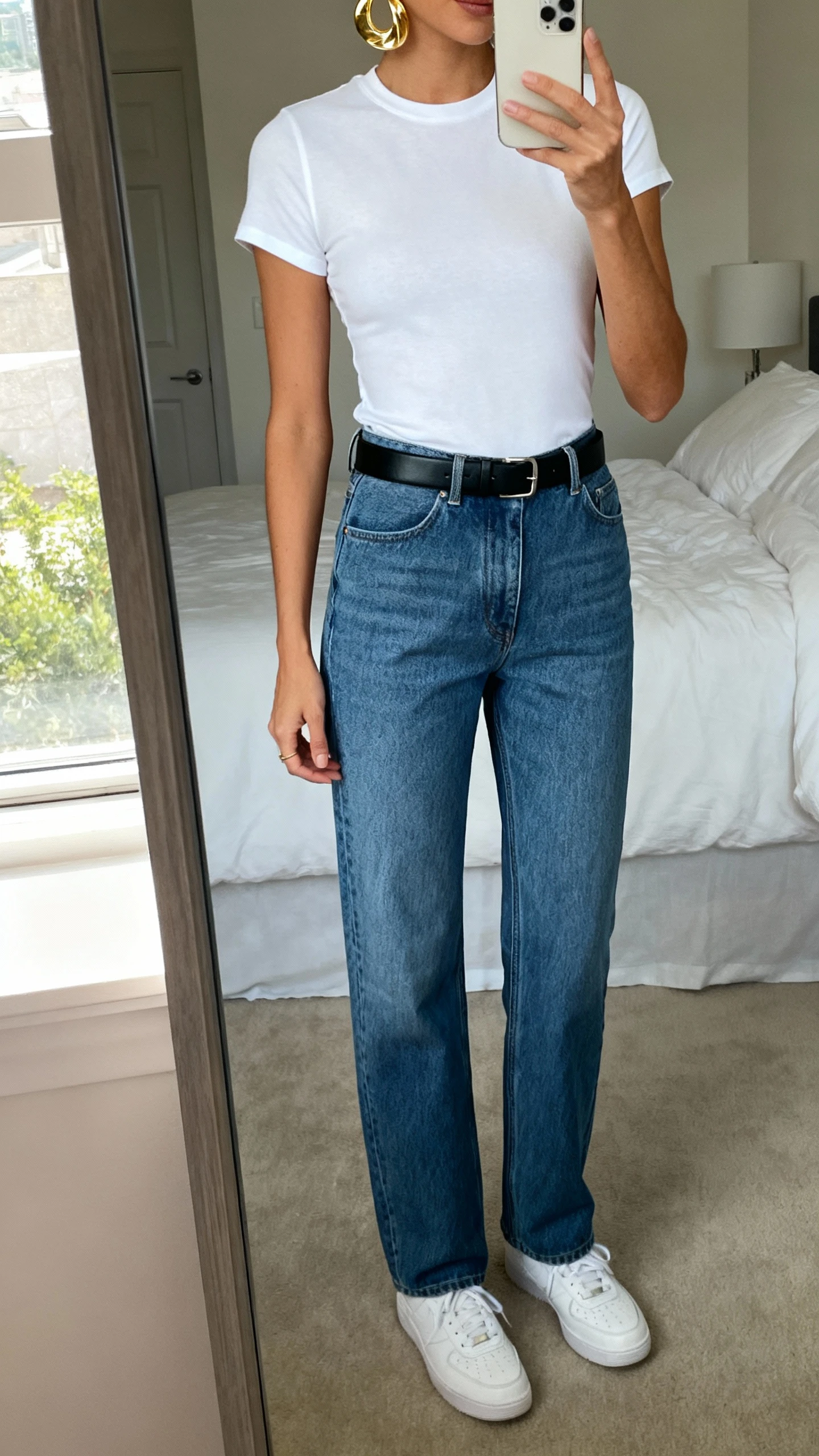 iPhone mirror selfie of a woman wearing a crisp white fitted tee, high-waisted straight-leg blue jeans, sleek black belt, clean white sneakers, and sculptural chunky gold statement earrings, face not visible, cropped at neck, bedroom mirror with natural window light, iPhone photo quality.