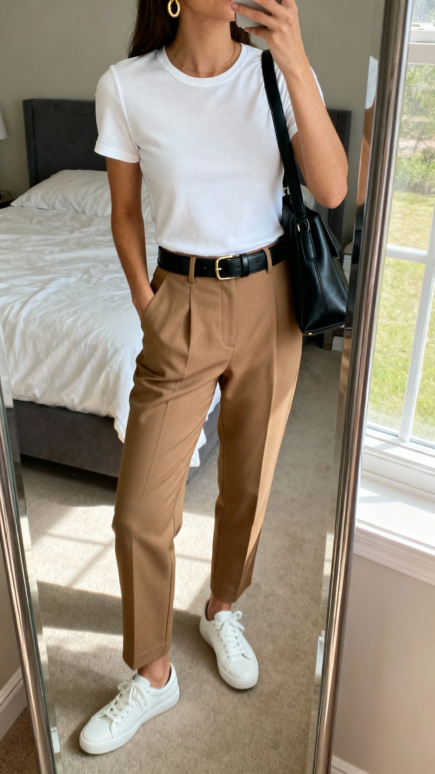 iPhone mirror selfie of a woman wearing a crisp white fitted tee tucked into high-waisted tailored camel trousers, minimalist white sneakers, black leather belt, delicate gold hoop earrings, structured black shoulder bag, face not visible, cropped at neck, bedroom mirror with natural morning window light, iPhone photo quality.