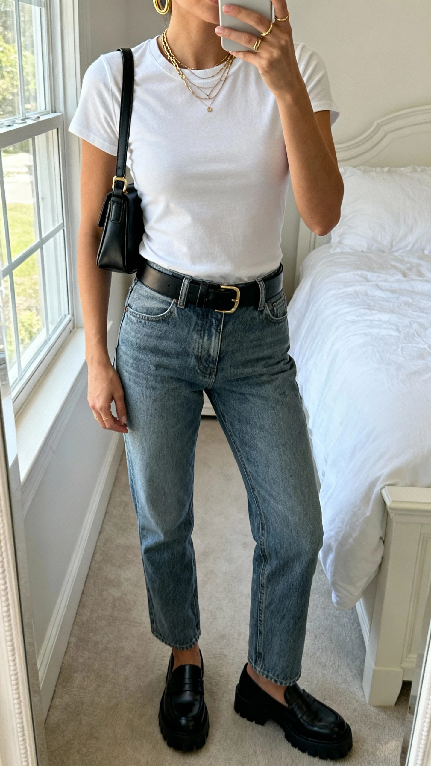 iPhone mirror selfie of a woman wearing a crisp white fitted tee tucked into medium-wash straight-leg jeans, black leather belt, stacked gold hoops, layered delicate necklaces, chunky black loafers, structured black crossbody bag, face not visible, cropped at neck, bedroom mirror with natural window light, iPhone photo quality.