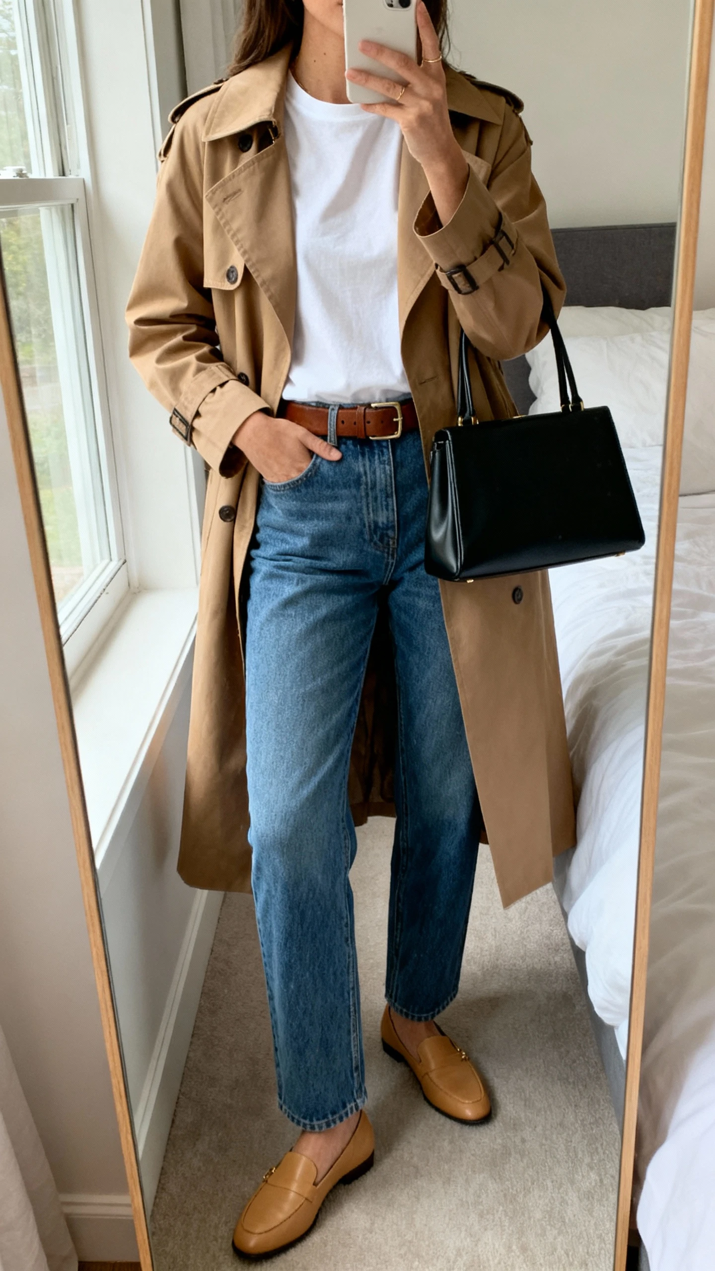 iPhone mirror selfie of a woman wearing a crisp white tee tucked into straight-leg blue jeans with a camel trench coat, leather belt, tan loafers, structured black handbag, face not visible, cropped at shoulders, bedroom mirror, natural window light, iPhone photo quality.