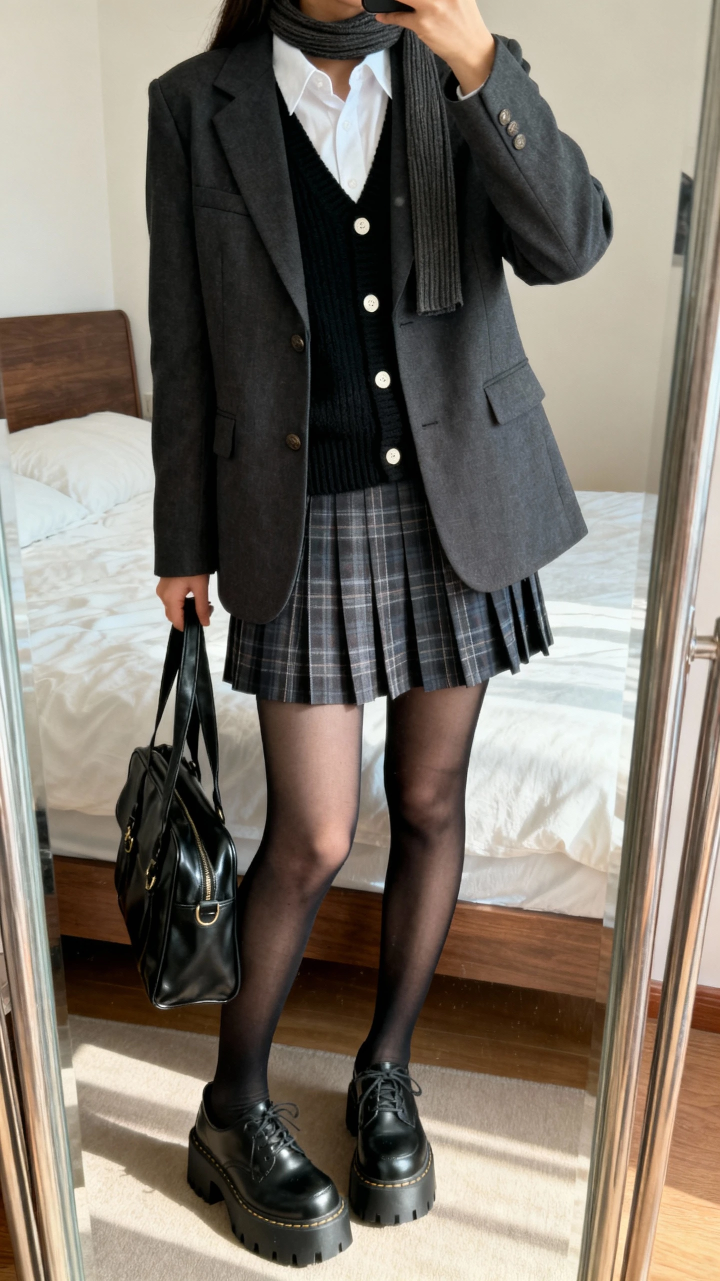iPhone mirror selfie of a woman wearing a dark-academia street mix: charcoal blazer over a black knit vest and white button-up, pleated plaid mini skirt, sheer black tights, chunky platform oxfords, black leather satchel, and a slim scarf, face not visible, cropped at neck, bedroom mirror, soft morning light, iPhone photo quality.