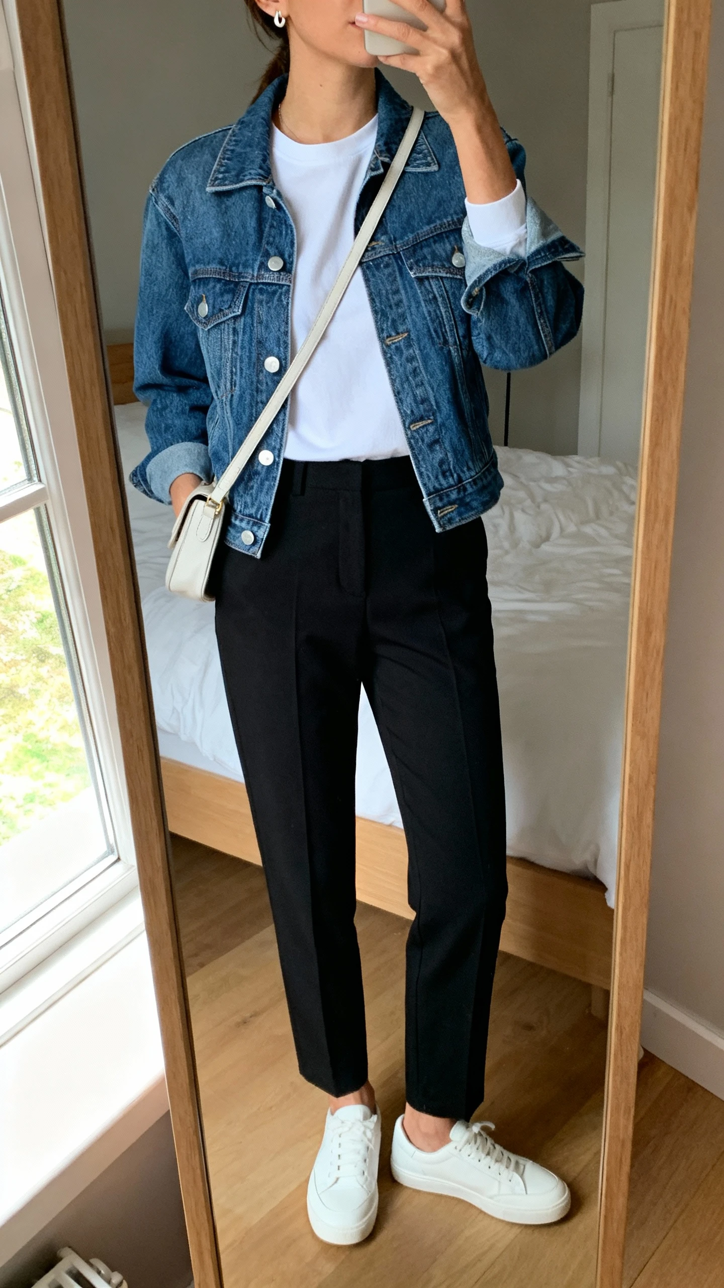 iPhone mirror selfie of a woman wearing a denim jacket over a white crewneck tee, tailored black trousers, and white low-top sneakers with a minimalist crossbody bag and simple stud earrings, face not visible, cropped at neck, bedroom mirror, natural window light, iPhone photo quality