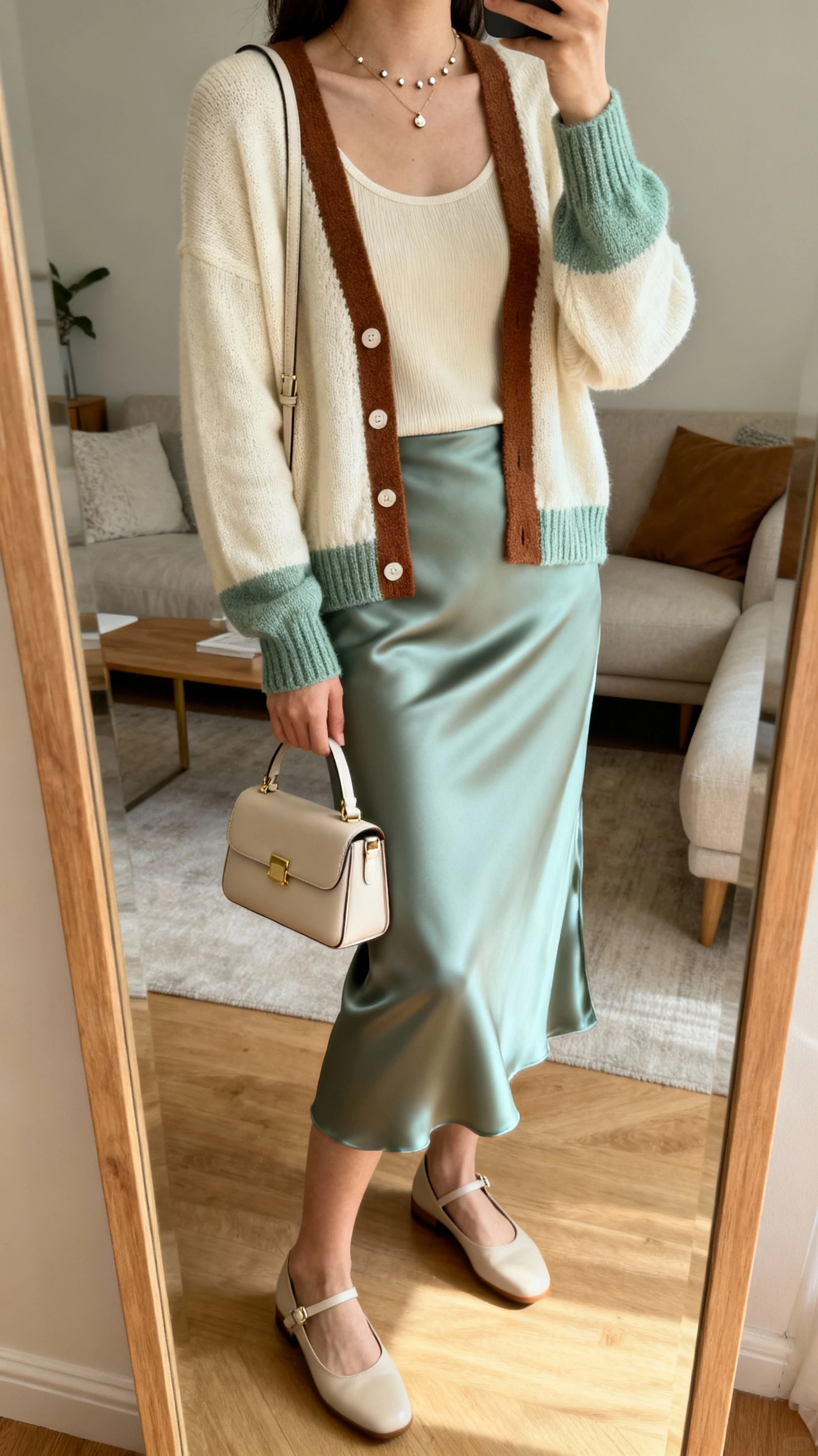iPhone mirror selfie of a woman wearing a fine-knit cardigan with matching tank (cream/cocoa/sage) and a bias-cut slip skirt in satin or matte silk alternative, slingback flats/ballet flats/minimal sneakers, a compact shoulder bag or structured mini tote, and a dainty pendant necklace with studs; face not visible, cropped at neck, living room mirror, soft indoor lighting, iPhone photo quality.
