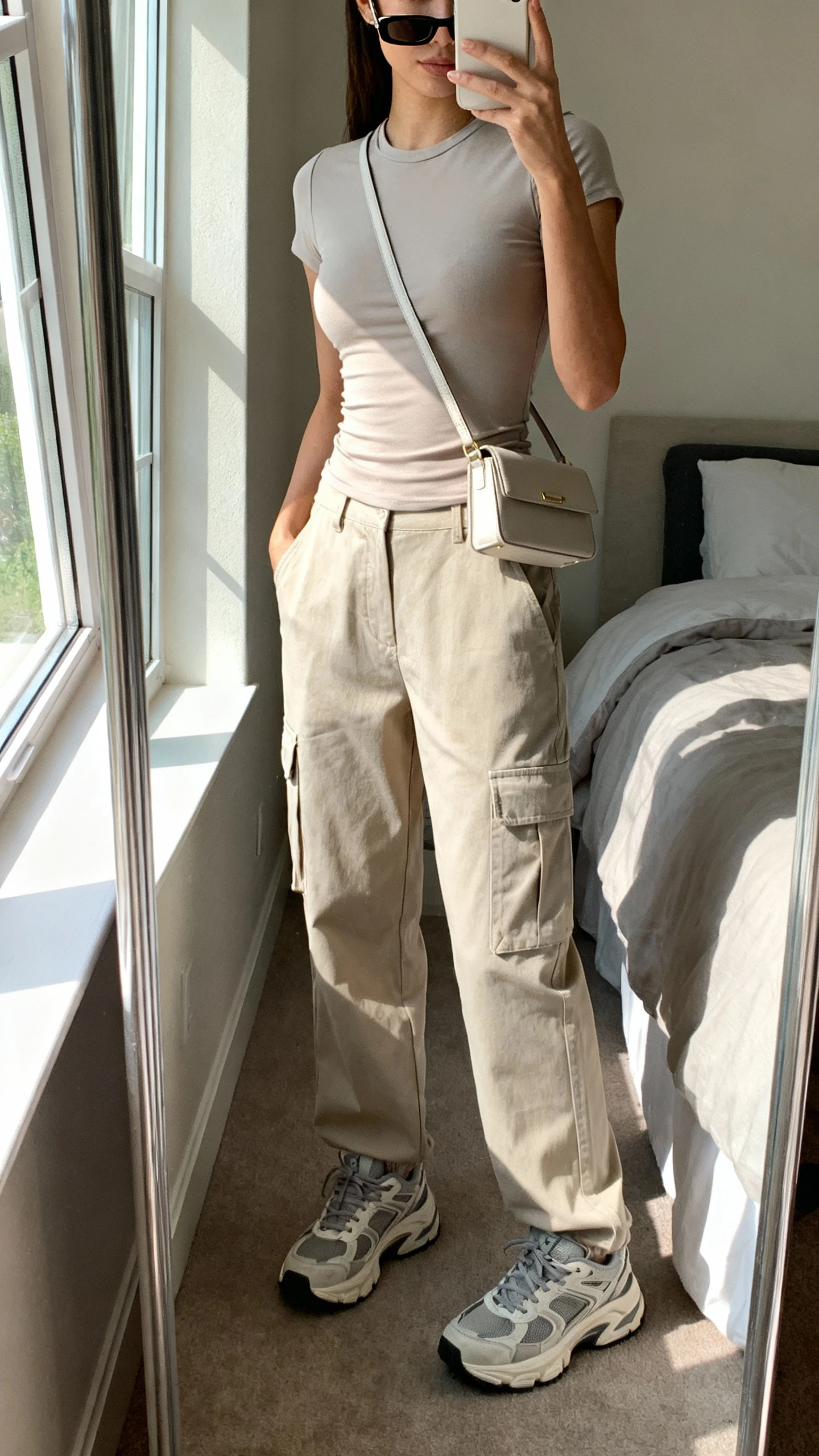 iPhone mirror selfie of a woman wearing a fitted baby tee, relaxed cargo pants with utility pockets, chunky dad sneakers, a mini shoulder bag, and slim rectangular sunglasses, face not visible, cropped at neck, bedroom mirror with natural window light, iPhone photo quality