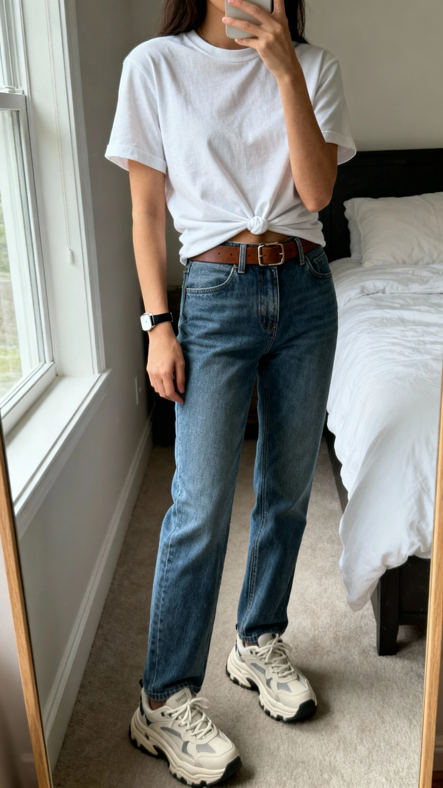 iPhone mirror selfie of a woman wearing a half-tucked crewneck tee, straight-leg jeans, chunky dad sneakers, a leather belt, and a slim watch; face not visible, cropped at shoulders, bedroom mirror, natural window light, iPhone photo quality.