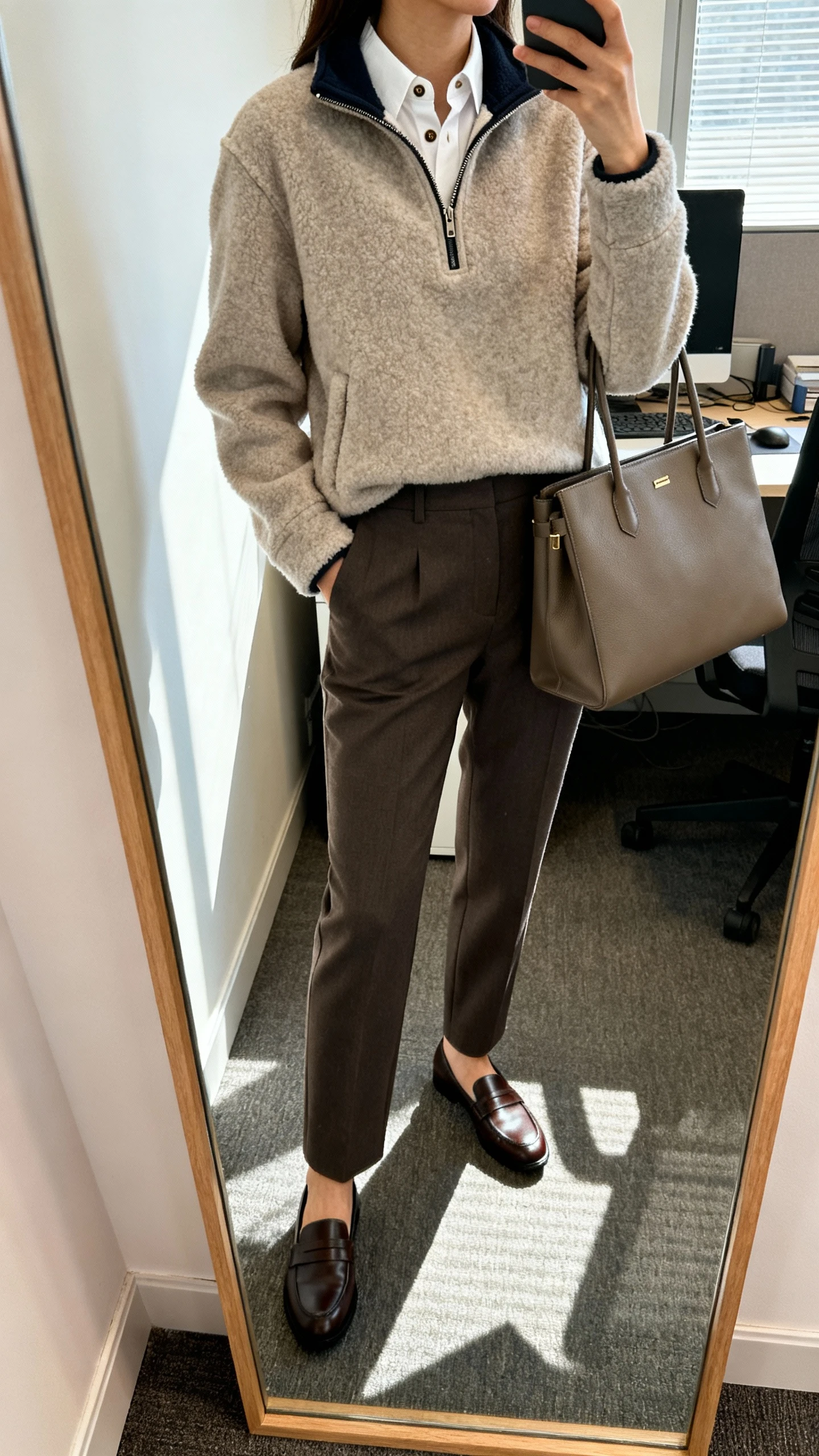 iPhone mirror selfie of a woman wearing a half-zip fleece layered over a crisp button-up with tailored trousers, loafers and a structured tote, face not visible, cropped at neck, office nook mirror, natural morning light, iPhone photo quality.