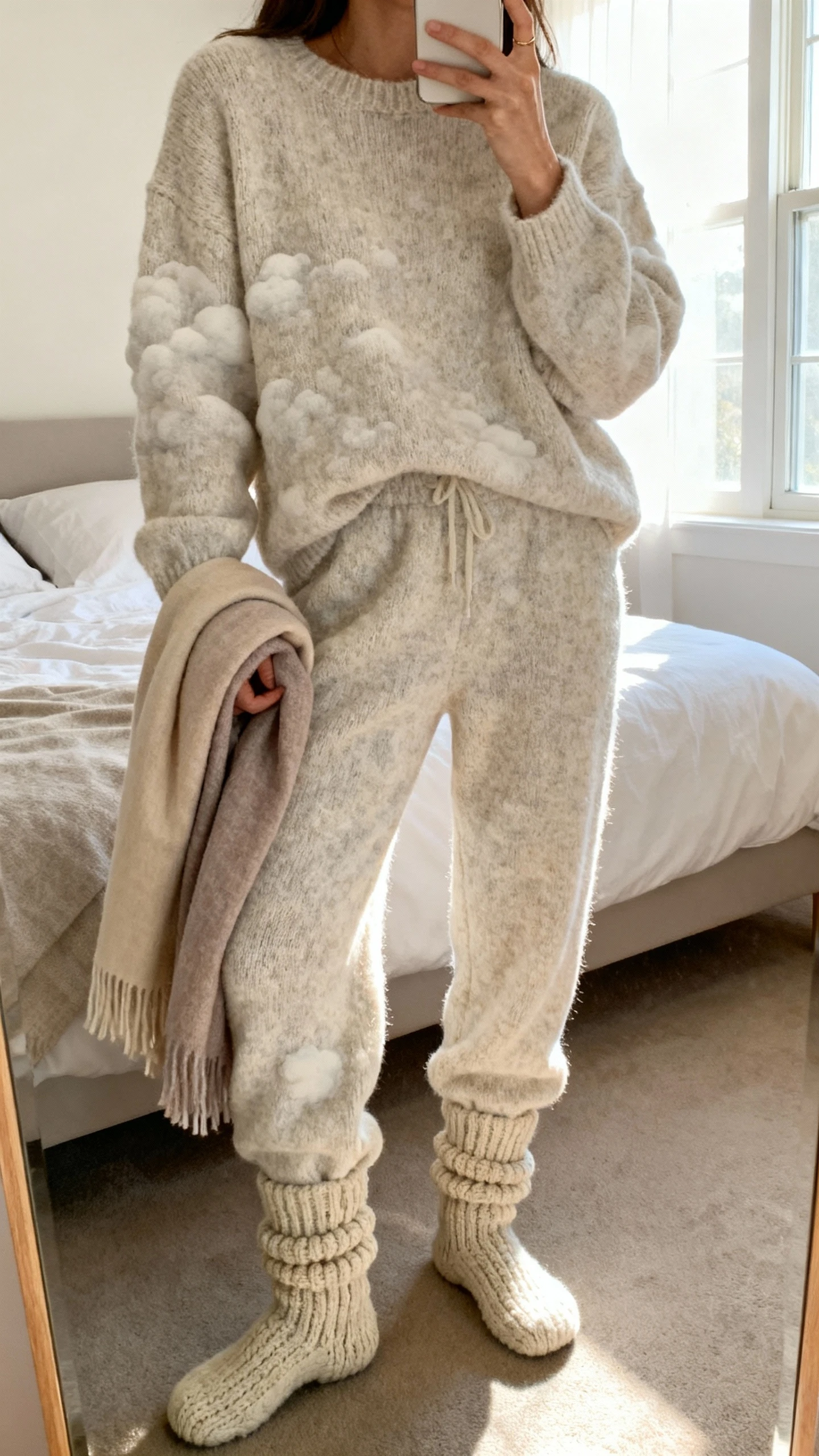 iPhone mirror selfie of a woman wearing a matching cloud-soft knit set (cozy knit pullover and knit lounge pants) with chunky socks and a soft scarf draped over arm, face not visible, cropped at neck, bedroom mirror, natural morning window light, iPhone photo quality.