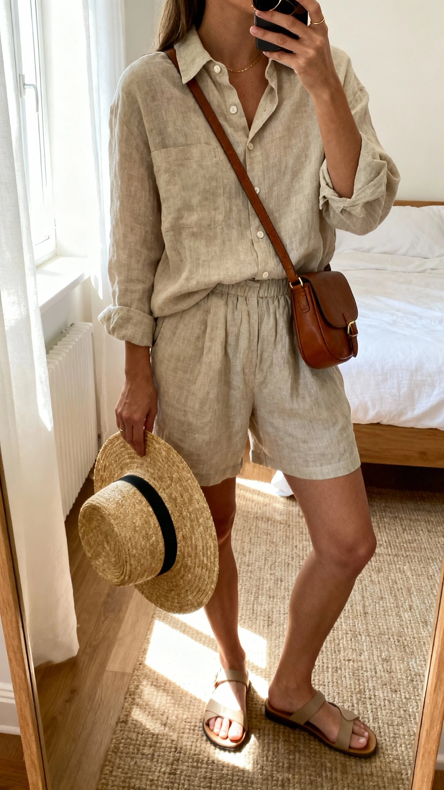 iPhone mirror selfie of a woman wearing a matching linen set (button-up linen shirt and relaxed linen shorts), leather crossbody bag, straw hat in hand, slim sunglasses, minimalist sandals, face not visible, cropped at neck, bedroom mirror, soft morning window light, iPhone photo quality