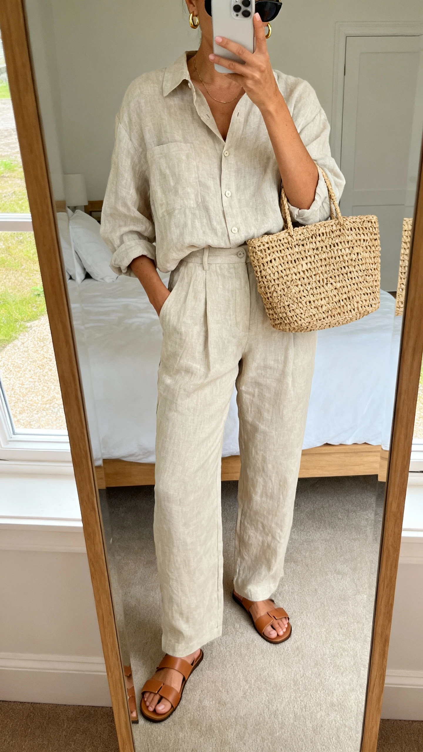iPhone mirror selfie of a woman wearing a matching linen set (relaxed linen button-up and high-waist linen trousers) with minimalist leather sandals, a structured woven tote, slim sunglasses, and delicate gold hoops, face not visible, cropped at neck, bedroom mirror, morning window light, iPhone photo quality.