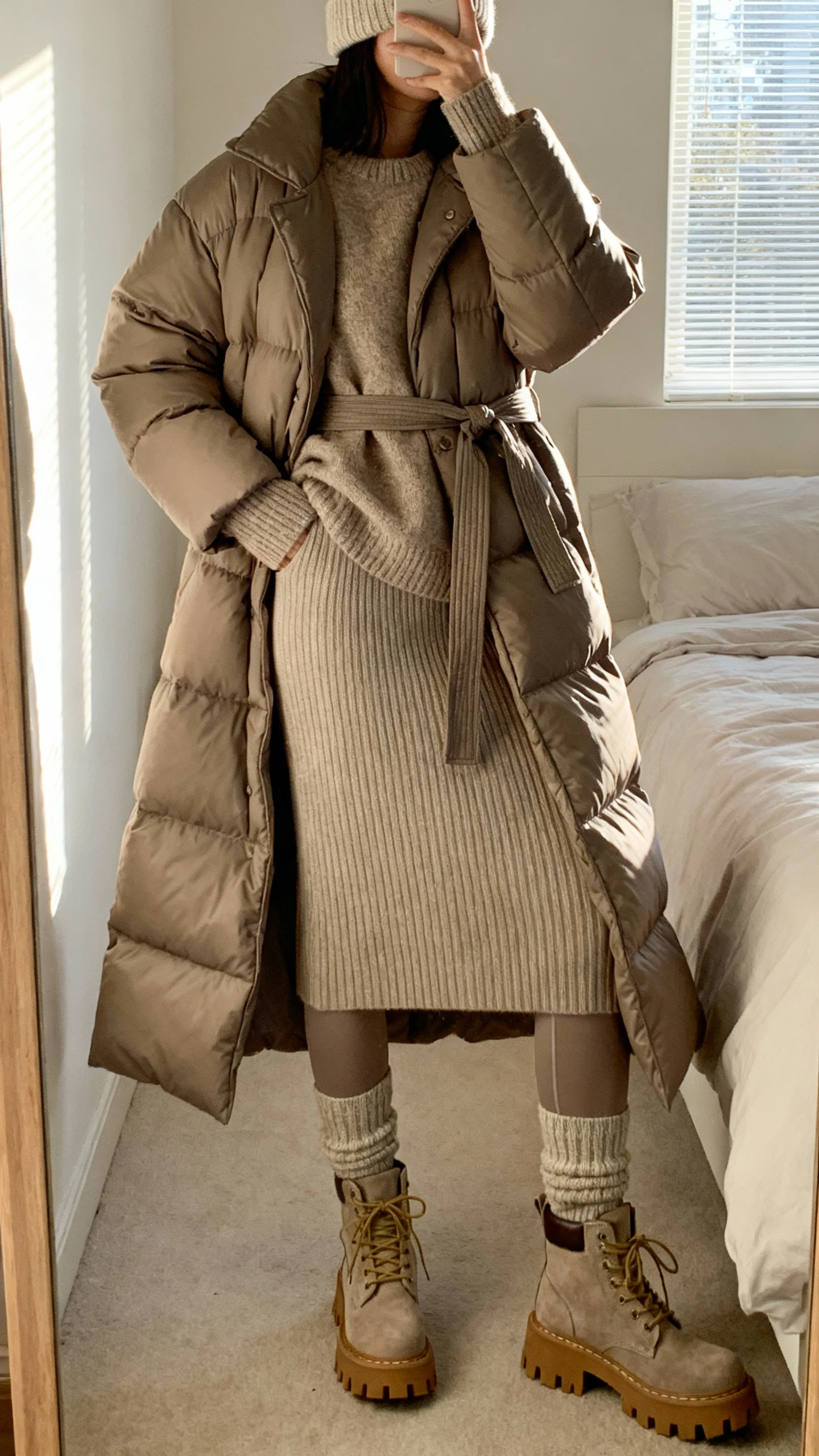 iPhone mirror selfie of a woman wearing a mid-length matte belted puffer coat over a matching knit sweater and ribbed skirt, chunky lug-sole ankle boots, thermal base layer top, thick wool socks, and a cozy beanie, face not visible, cropped at neck, bedroom mirror with natural window light, iPhone photo quality.