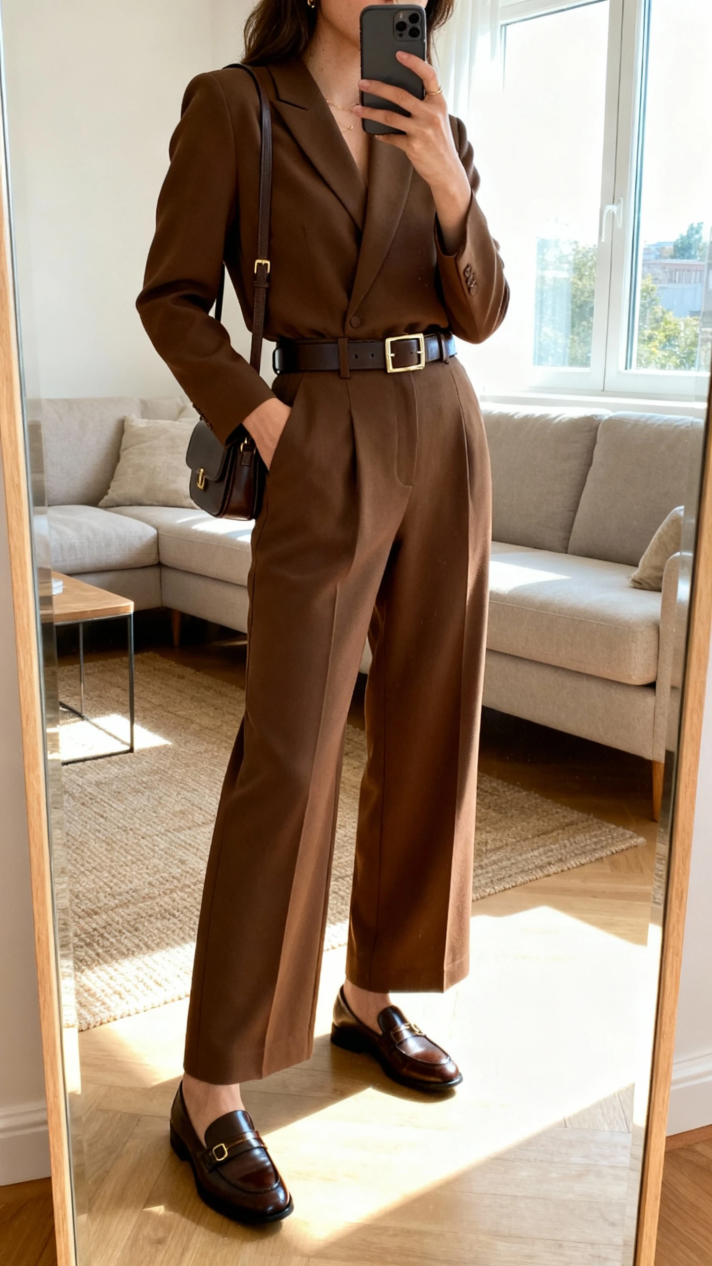 iPhone mirror selfie of a woman wearing a monochrome matching set (tailored top and wide-leg trousers) with sleek loafers, a structured belt, and a small shoulder bag, face not visible, side angle, living room full-length mirror, bright window light, iPhone photo quality.