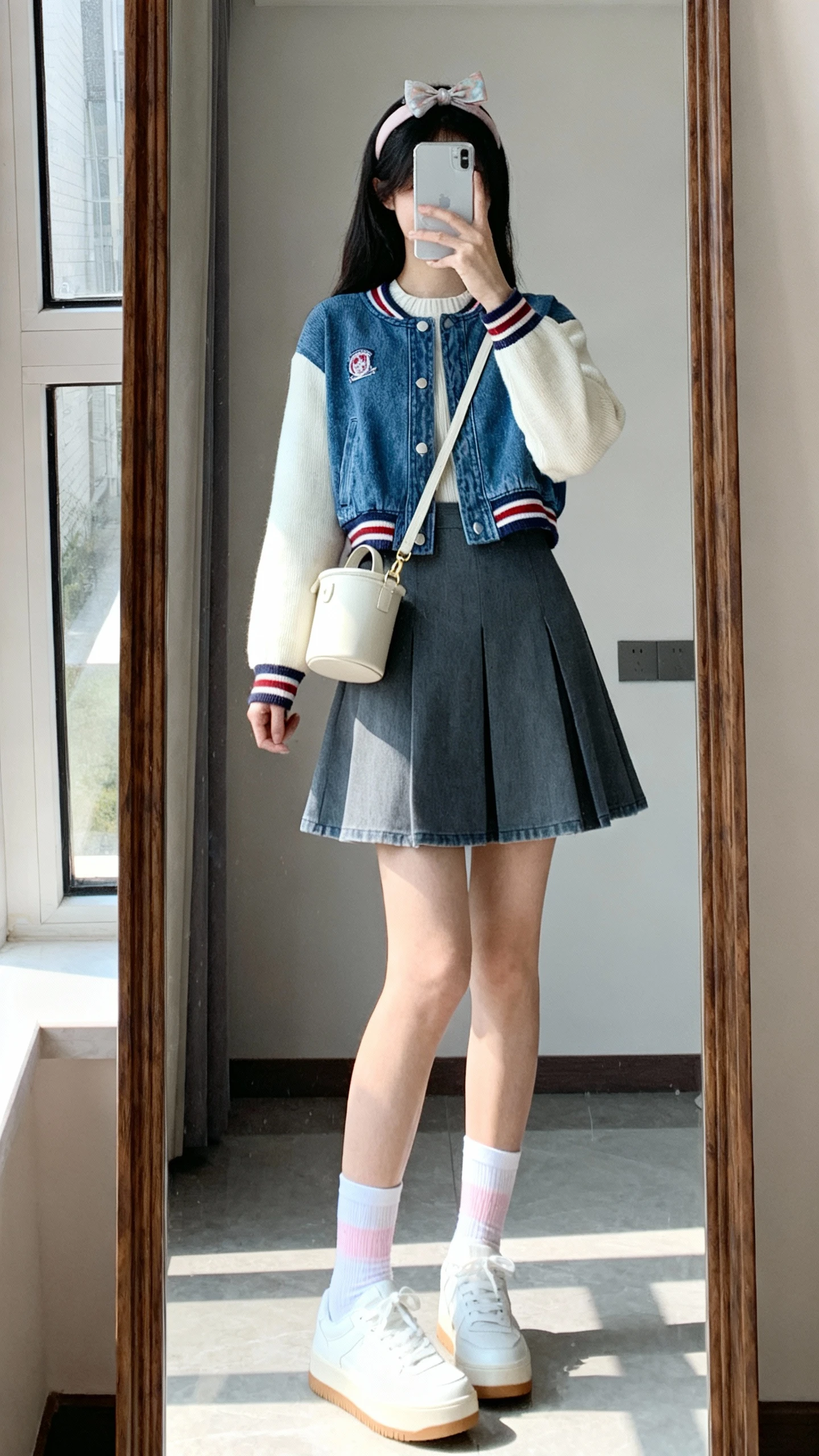 iPhone mirror selfie of a woman wearing a playful mini dress (A-line/skater/tailored shift), white sneakers (classic court or subtle platform), white or pastel crew socks, a lightweight cardigan or cropped denim jacket or varsity knit, a bucket bag or mini crossbody, and a hair bow or headband, face not visible, cropped at neck, full-length mirror with indoor natural light, iPhone photo quality.
