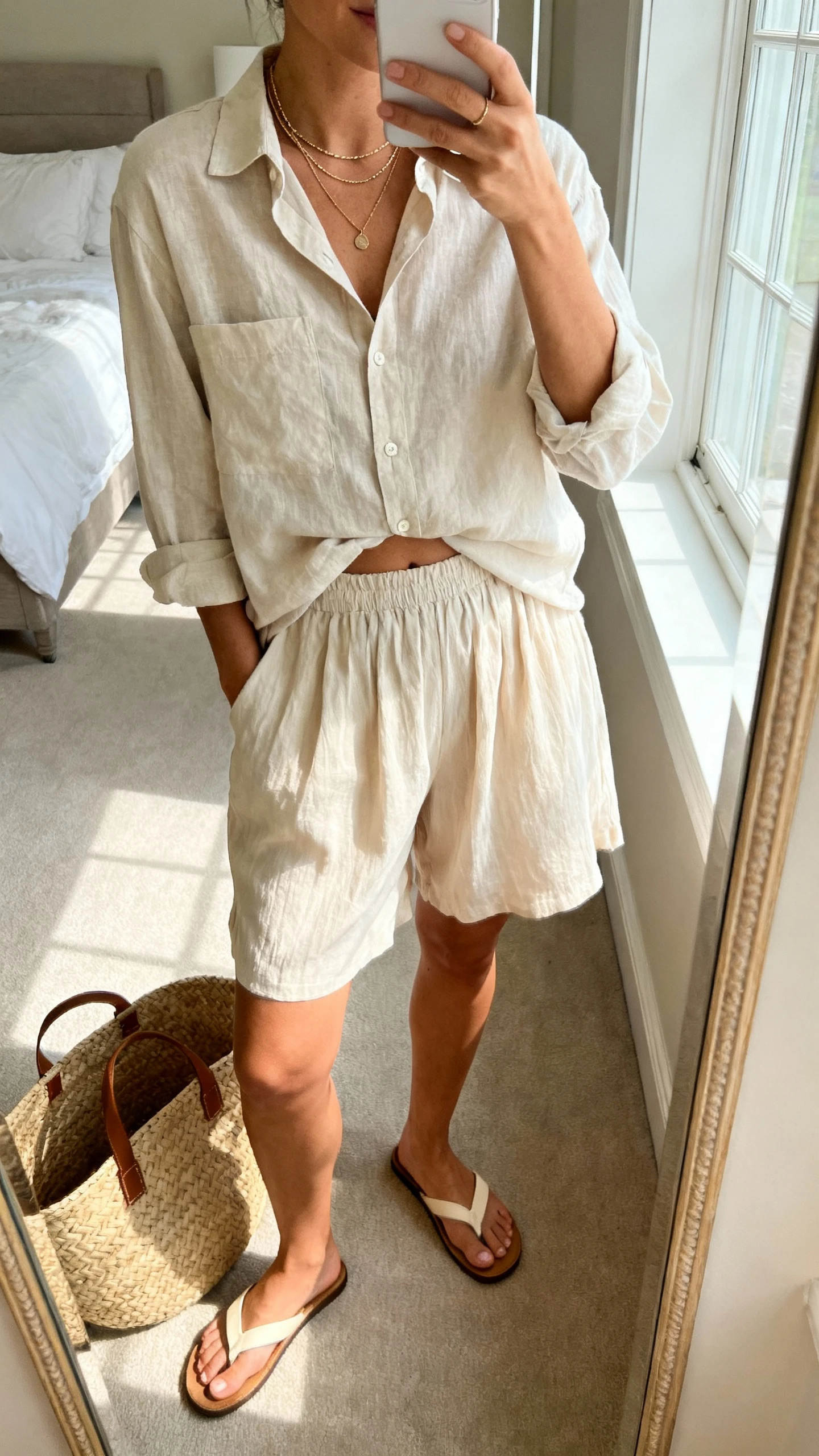 iPhone mirror selfie of a woman wearing a relaxed button-up shirt half-tucked into soft flowy shorts, simple slide sandals, layered delicate necklaces, and a straw tote nearby, face not visible, cropped at neck, bedroom mirror with afternoon window light, iPhone photo quality.