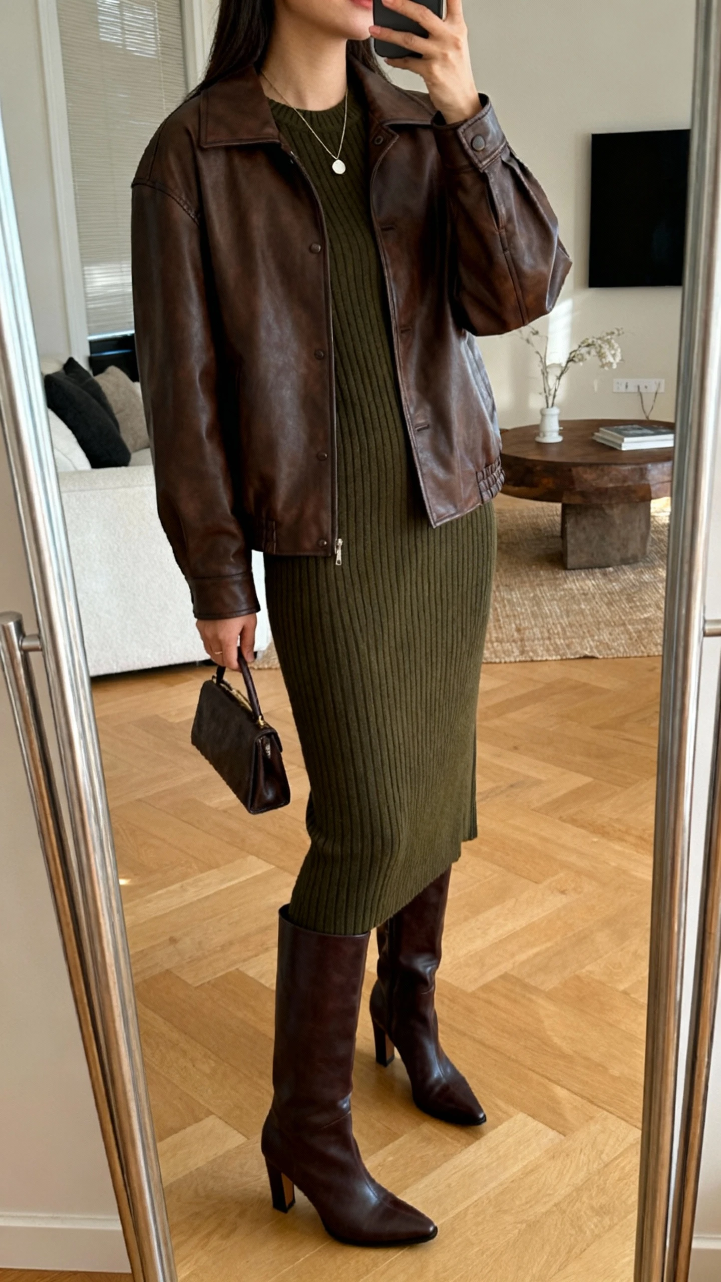 iPhone mirror selfie of a woman wearing a ribbed knit midi dress in deep olive, brown leather jacket, knee-high heeled boots in dark brown, minimal pendant necklace, and a small clutch, face not visible, side angle, living room full-length mirror, warm indoor lighting, iPhone photo quality.