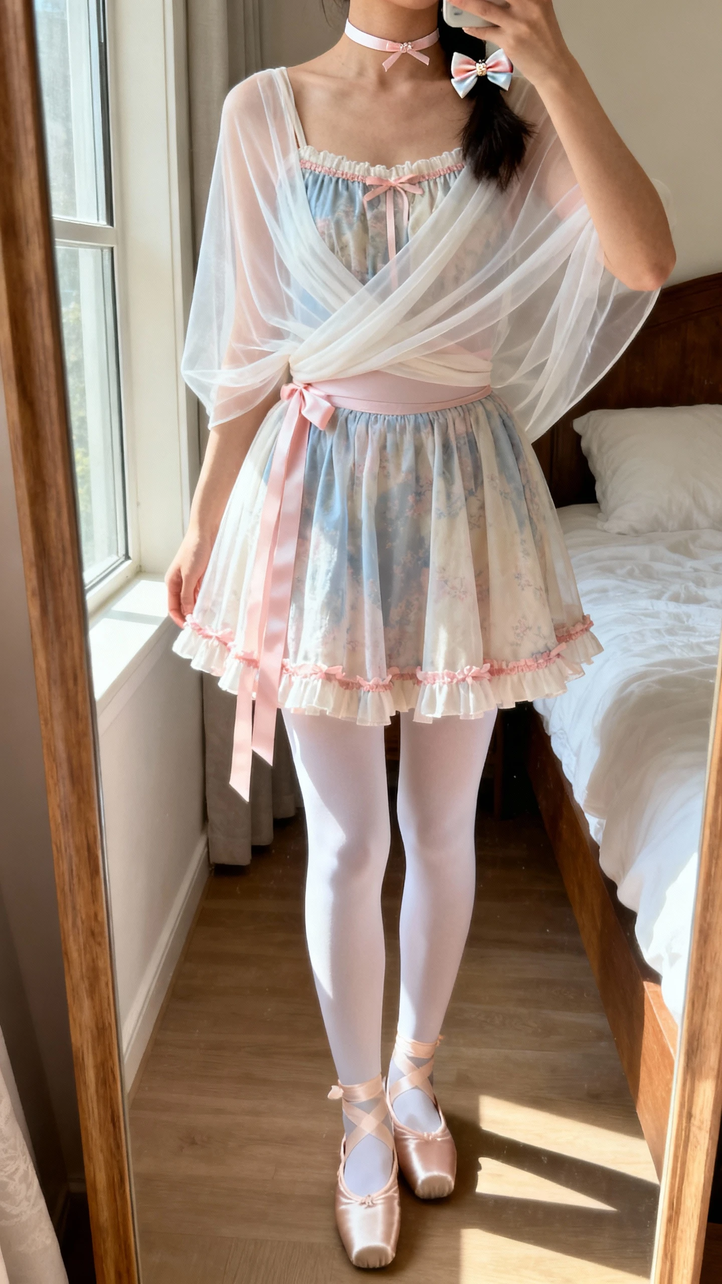 iPhone mirror selfie of a woman wearing a ribbon-trim babydoll dress layered with a sheer ballet wrap top, white tights, satin ballet flats, dainty ribbon choker, and bow hair clip, face not visible, cropped at neck, bedroom mirror with natural morning window light, iPhone photo quality.