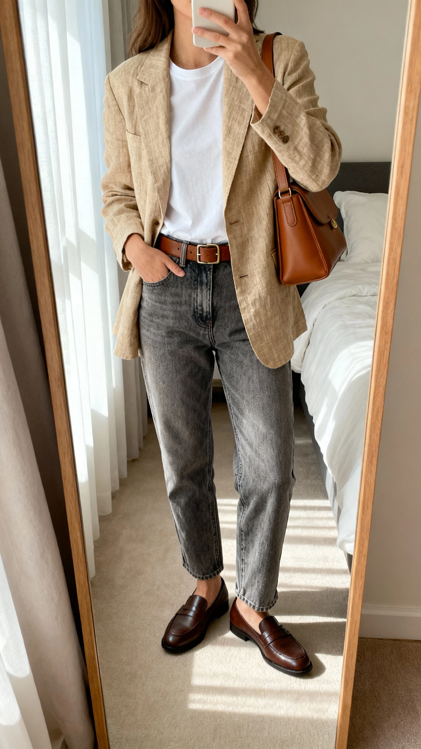 iPhone mirror selfie of a woman wearing a sand linen blazer over a white tee with relaxed mid-wash denim, brown leather belt, chocolate loafers, and a structured tan shoulder bag, face not visible, cropped at neck, bedroom mirror, gentle afternoon window light, iPhone photo quality.