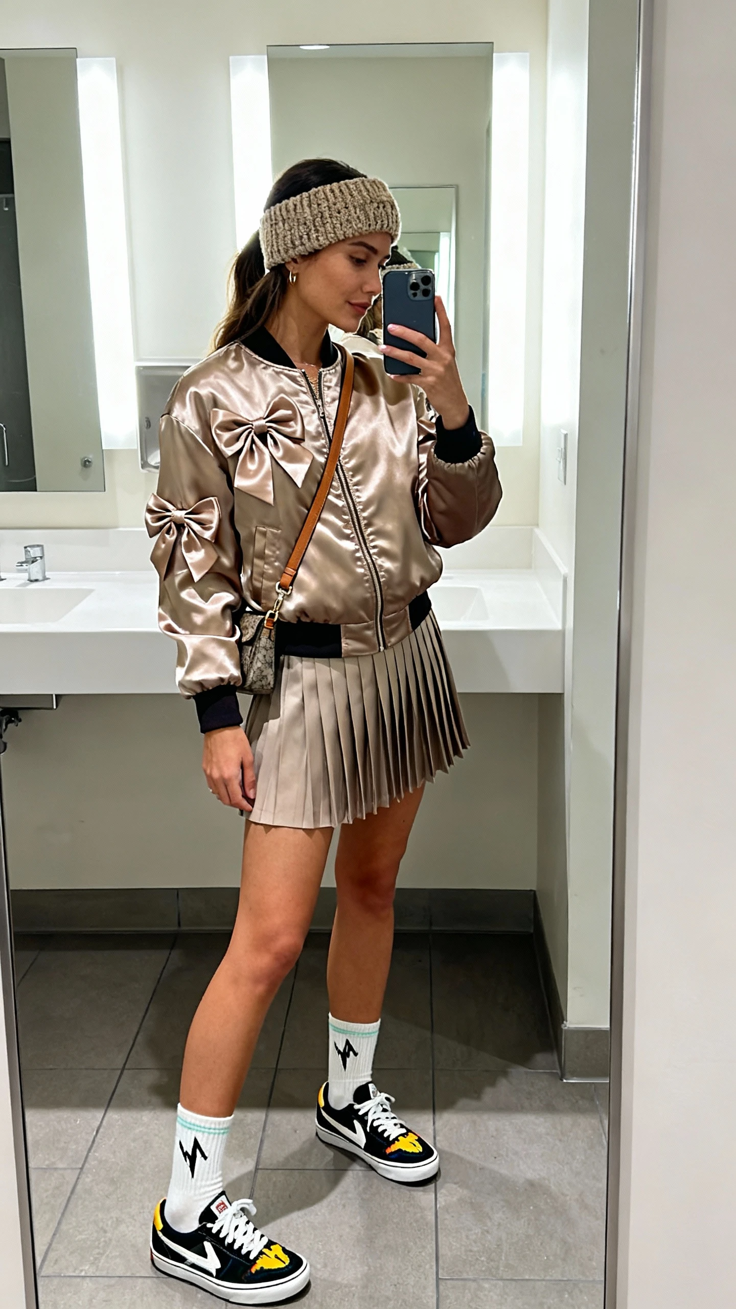 iPhone mirror selfie of a woman wearing a satin-bow bomber jacket over a pleated skort with graphic heartbeat sneakers, crew socks, chunky headband, and a crossbody bag, face not visible, side angle, bathroom mirror with bright indoor lighting, iPhone photo quality.