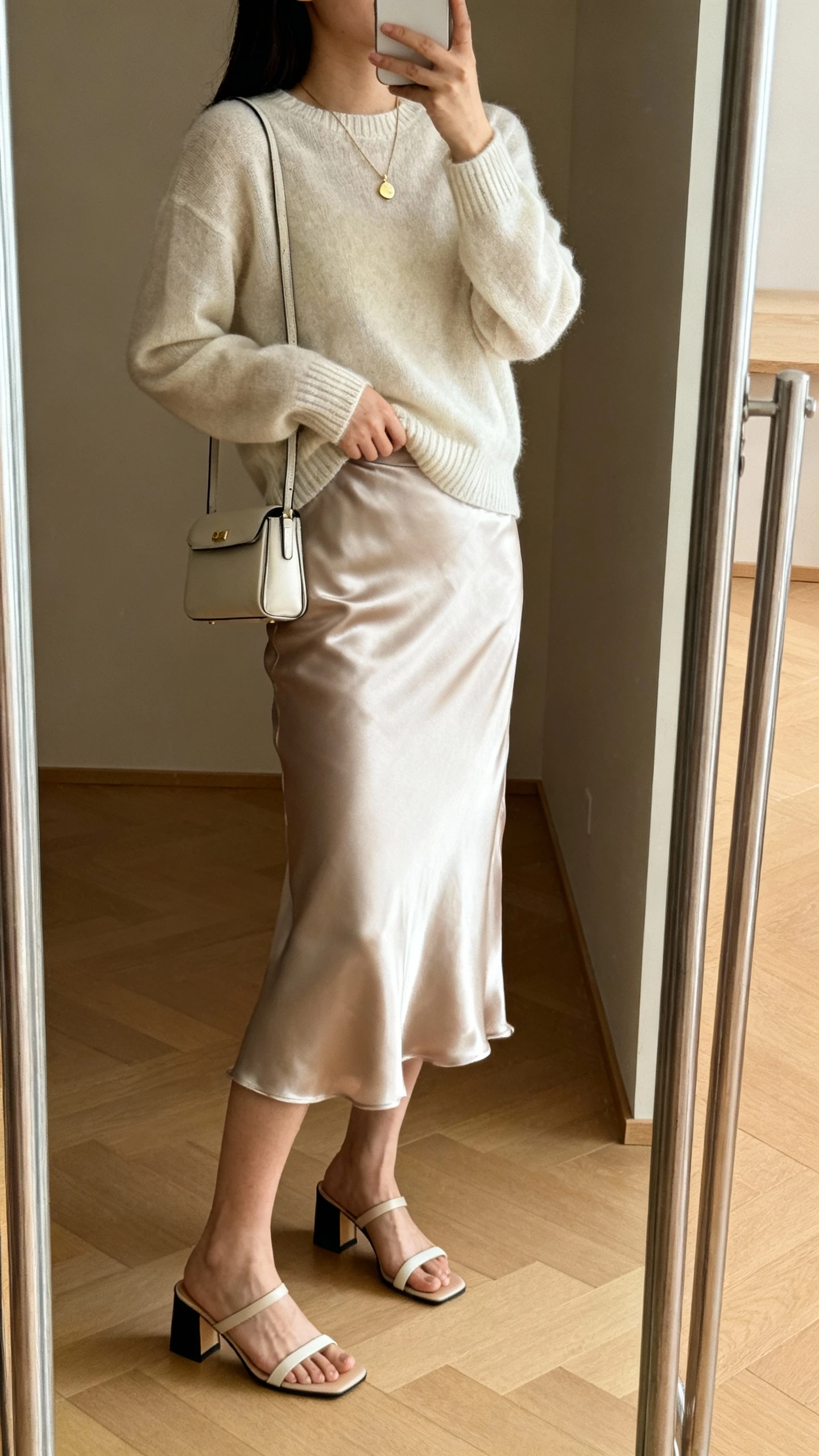 iPhone mirror selfie of a woman wearing a satin slip skirt with a soft knit sweater tucked in front, delicate pendant necklace, block-heel sandals, and a compact shoulder bag, face not visible, side angle in a full-length mirror with warm indoor lighting, iPhone photo quality.