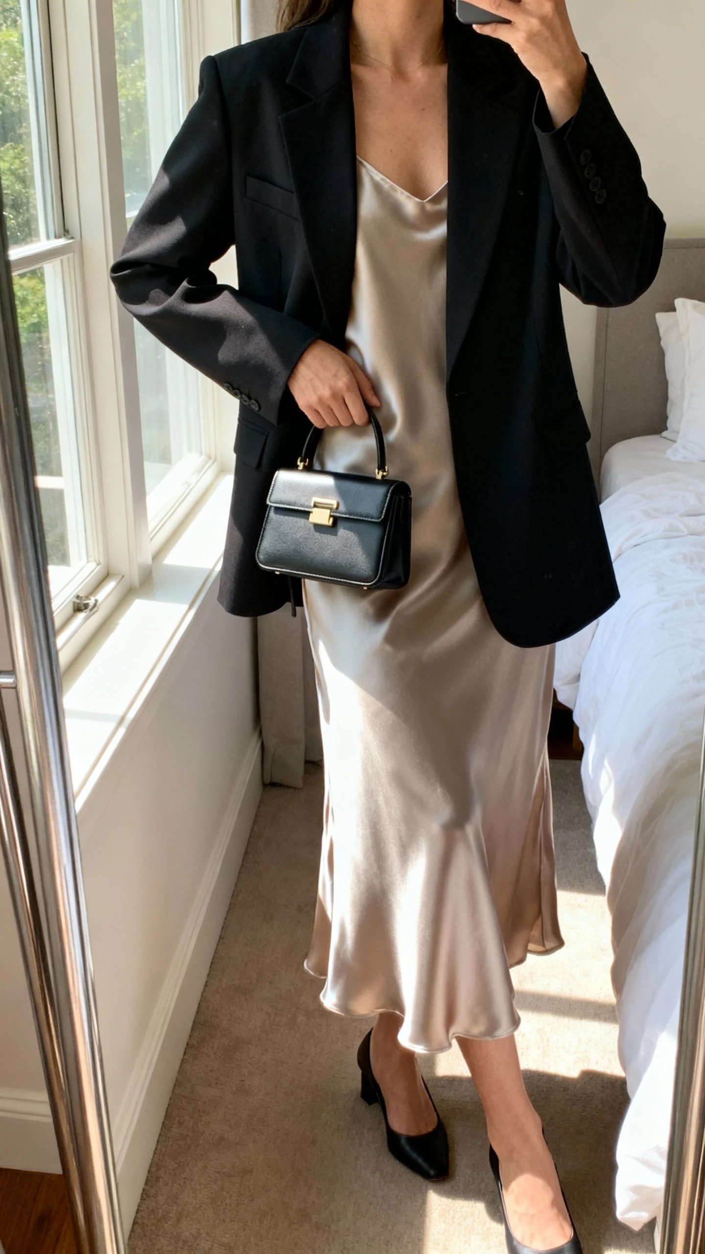 iPhone mirror selfie of a woman wearing a sharp power blazer over an effortless satin slip dress with minimalist heels and a structured mini bag, face not visible, cropped at neck, bedroom mirror, natural window light, iPhone photo quality.