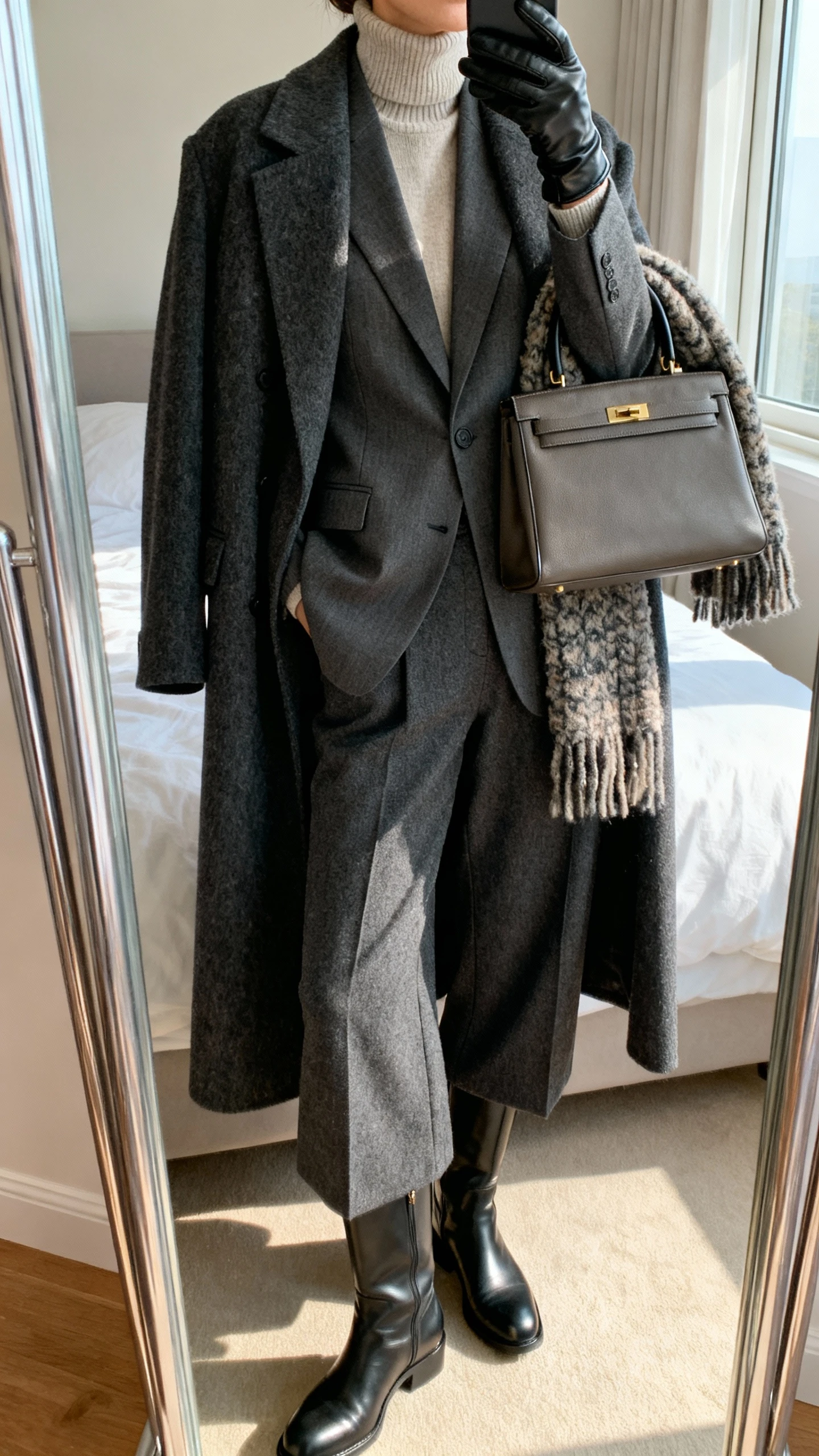 iPhone mirror selfie of a woman wearing a sharp wool overcoat layered over a tailored blazer, cashmere turtleneck, wide-leg wool trousers, leather knee boots, leather gloves, and a structured top-handle bag with a chunky scarf, face not visible, cropped at neck, bedroom mirror with morning window light, iPhone photo quality