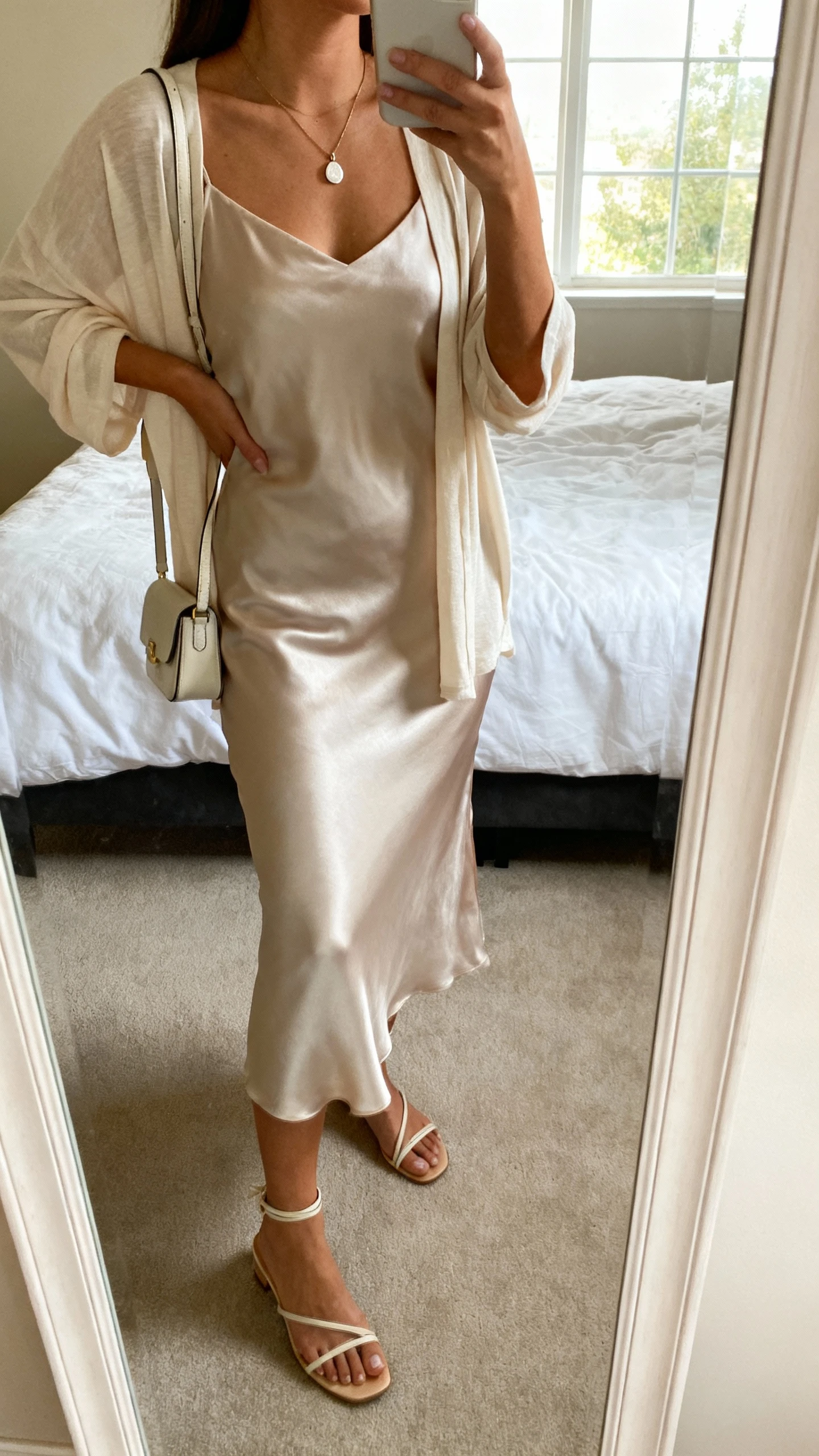 iPhone mirror selfie of a woman wearing a silky slip dress with a matching lightweight cardigan, delicate pendant necklace, small shoulder bag, and minimalist strappy heels, face not visible, cropped at neck, bedroom mirror, soft morning window light, iPhone photo quality.
