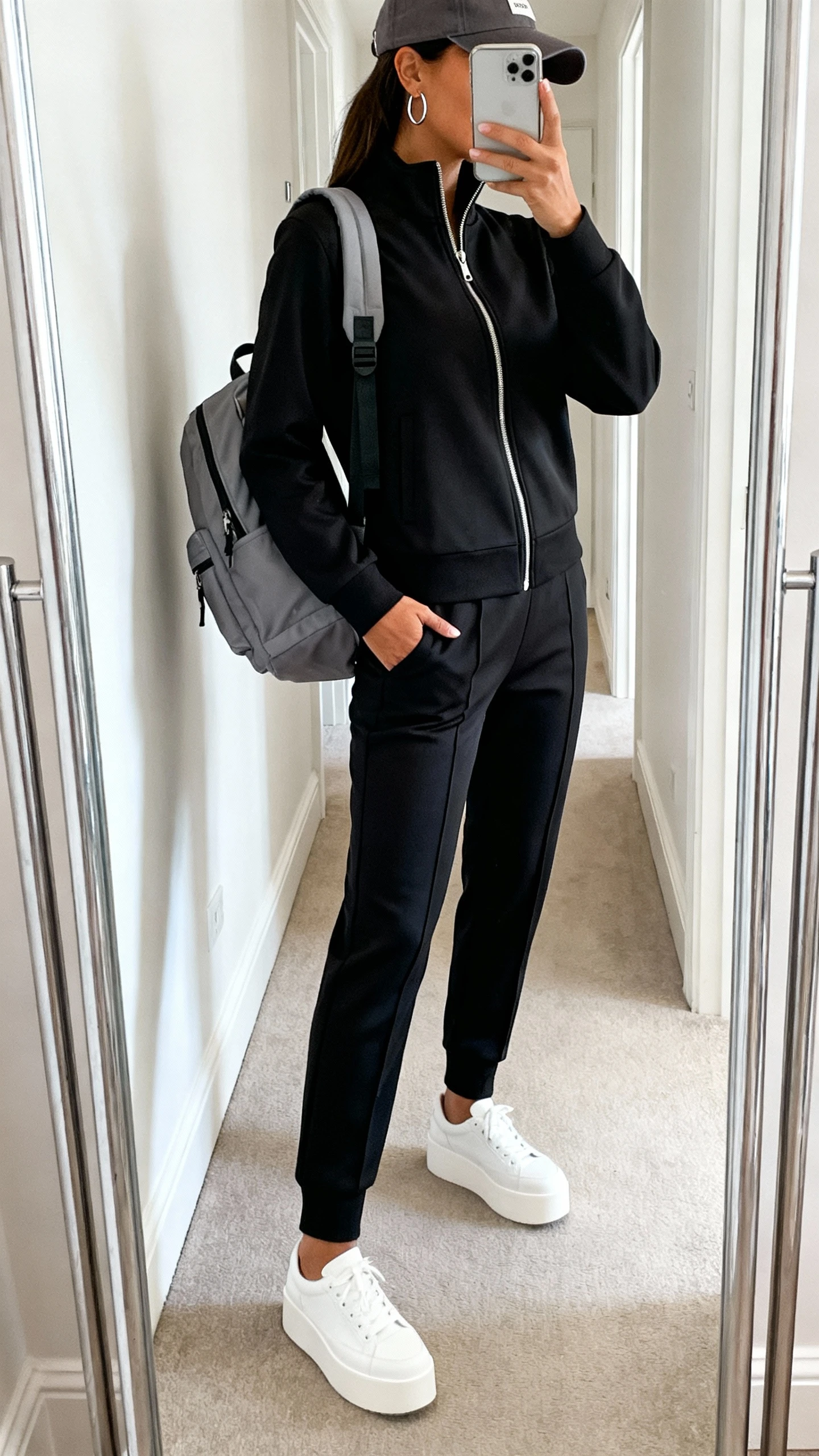iPhone mirror selfie of a woman wearing a sleek black zip-up track jacket, matching tailored joggers, white platform sneakers, gray sporty backpack, baseball cap and thin silver hoops, face not visible, side angle in hallway full-length mirror, bright indoor lighting, iPhone photo quality.