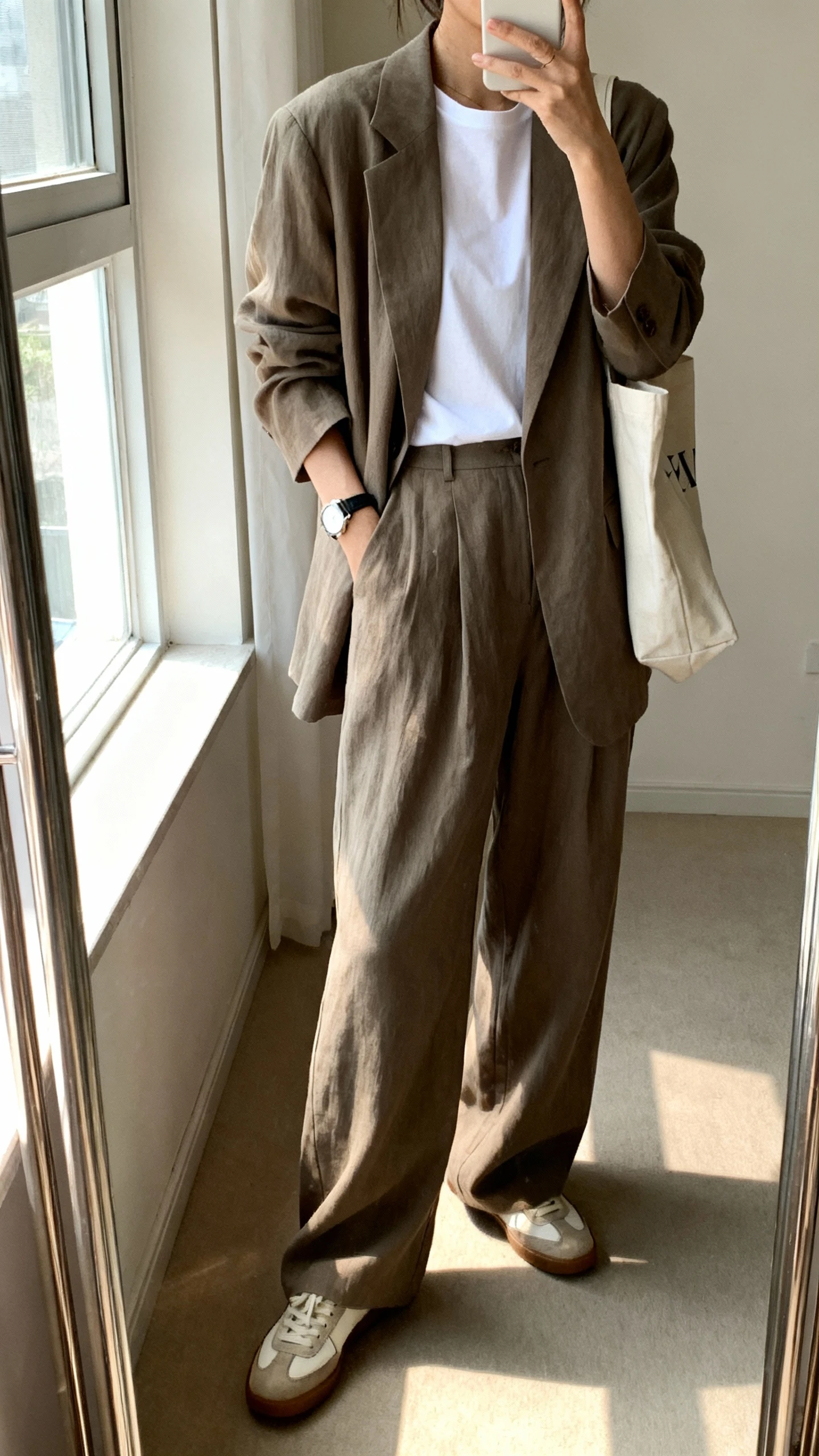 iPhone mirror selfie of a woman wearing a slouchy oversized suit set (relaxed blazer and wide-leg trousers) with a crisp white tee and clean leather sneakers, minimal watch and tote bag, face not visible, cropped at shoulders, full-length mirror by a window with soft indoor daylight, iPhone photo quality.