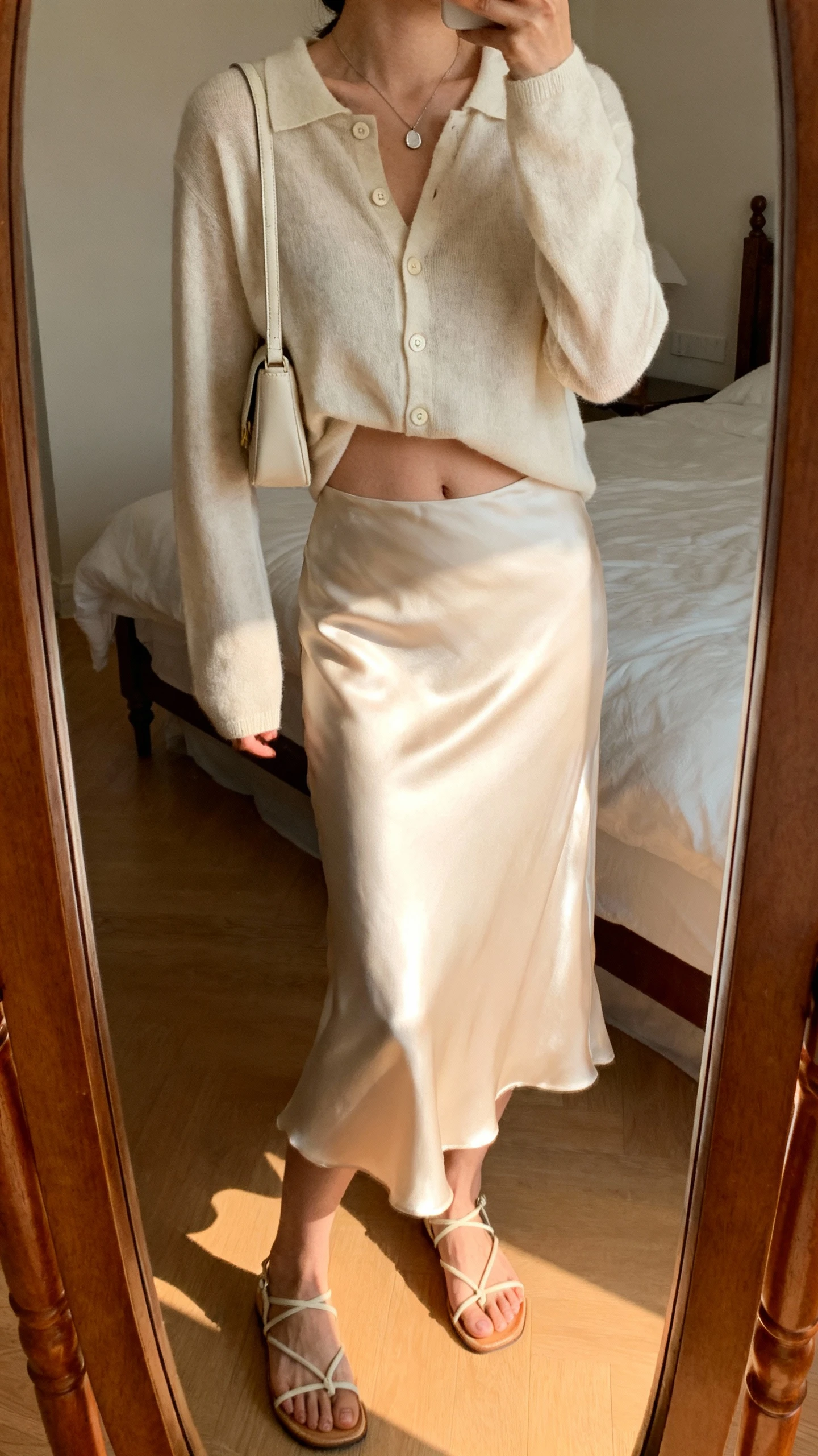 iPhone mirror selfie of a woman wearing a soft button-up cardigan half-tucked into a satin slip skirt, delicate strappy sandals, minimalist pendant necklace, small shoulder bag, face not visible, cropped at shoulders, bedroom mirror with warm afternoon light, iPhone photo quality.