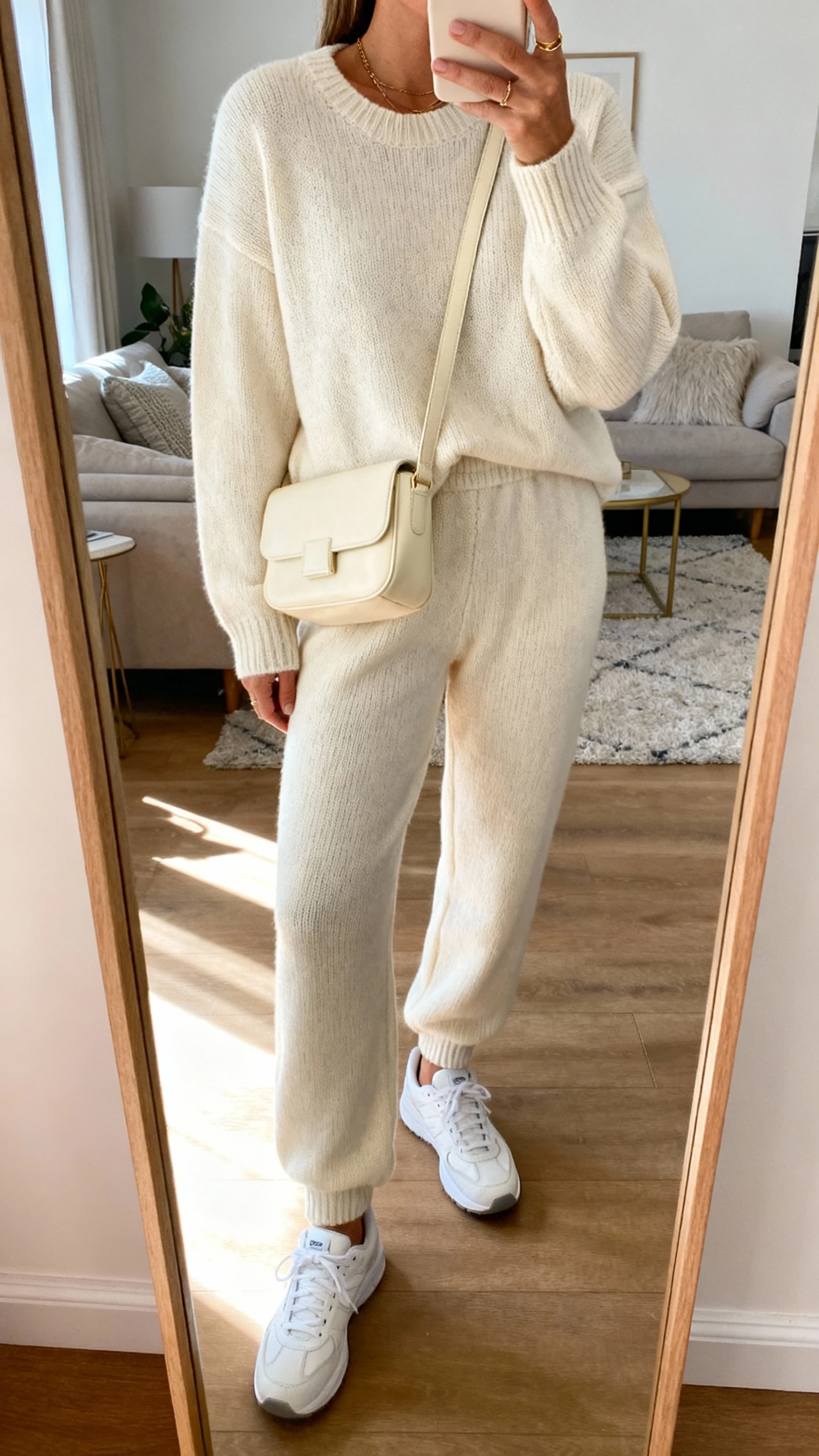 iPhone mirror selfie of a woman wearing a soft knit matching set (cozy sweater and knit pants) in cream tones, paired with a creamy shoulder bag and clean white sneakers, face not visible, cropped at neck, living room mirror, gentle morning light, iPhone photo quality.