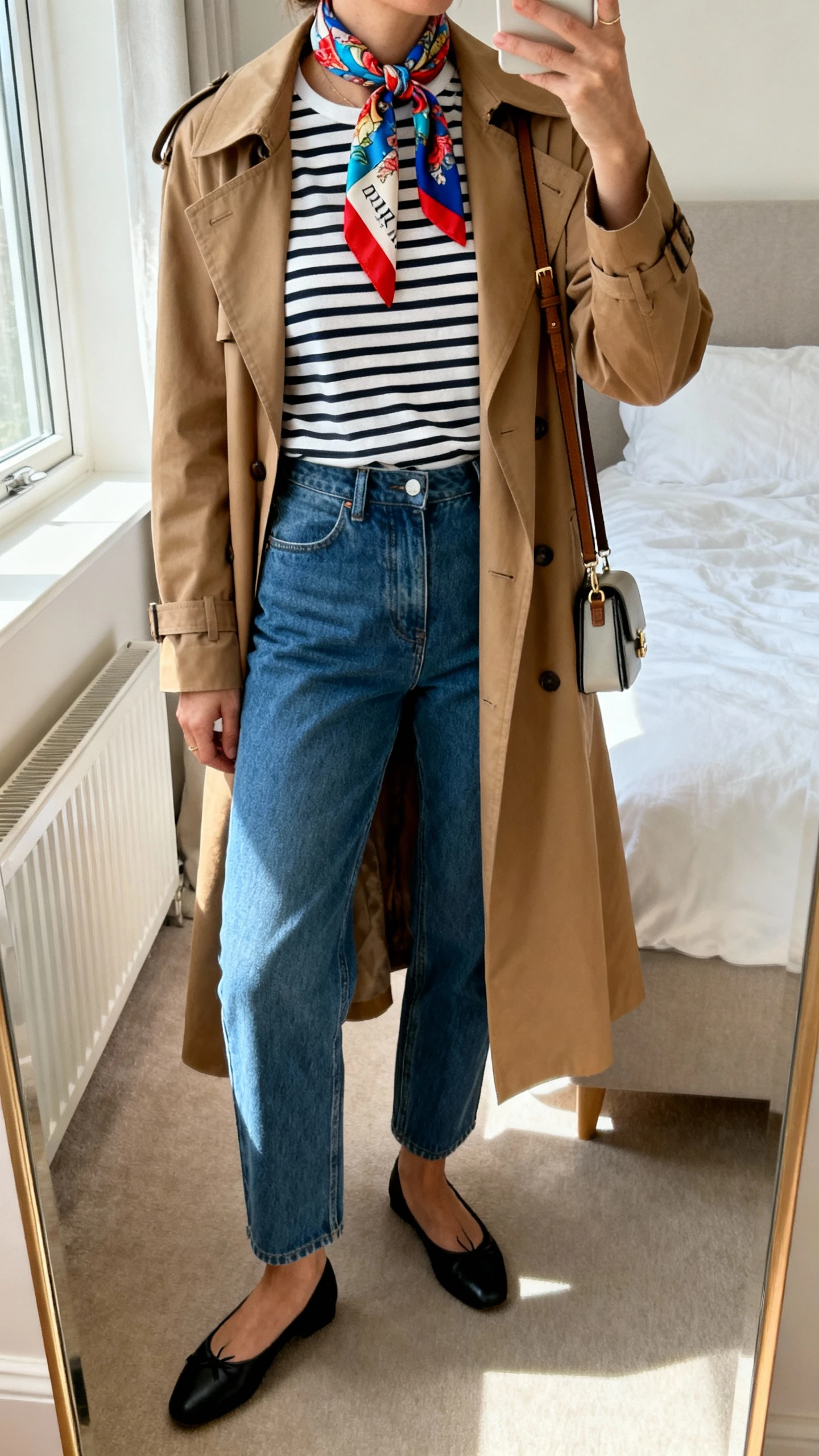 iPhone mirror selfie of a woman wearing a striped Breton tee, high-waisted straight-leg blue jeans, black ballet flats, a camel trench coat, and a colorful silk scarf tied in a Parisian neck knot with a small crossbody bag, face not visible, cropped at neck, bedroom mirror, morning window light, iPhone photo quality.