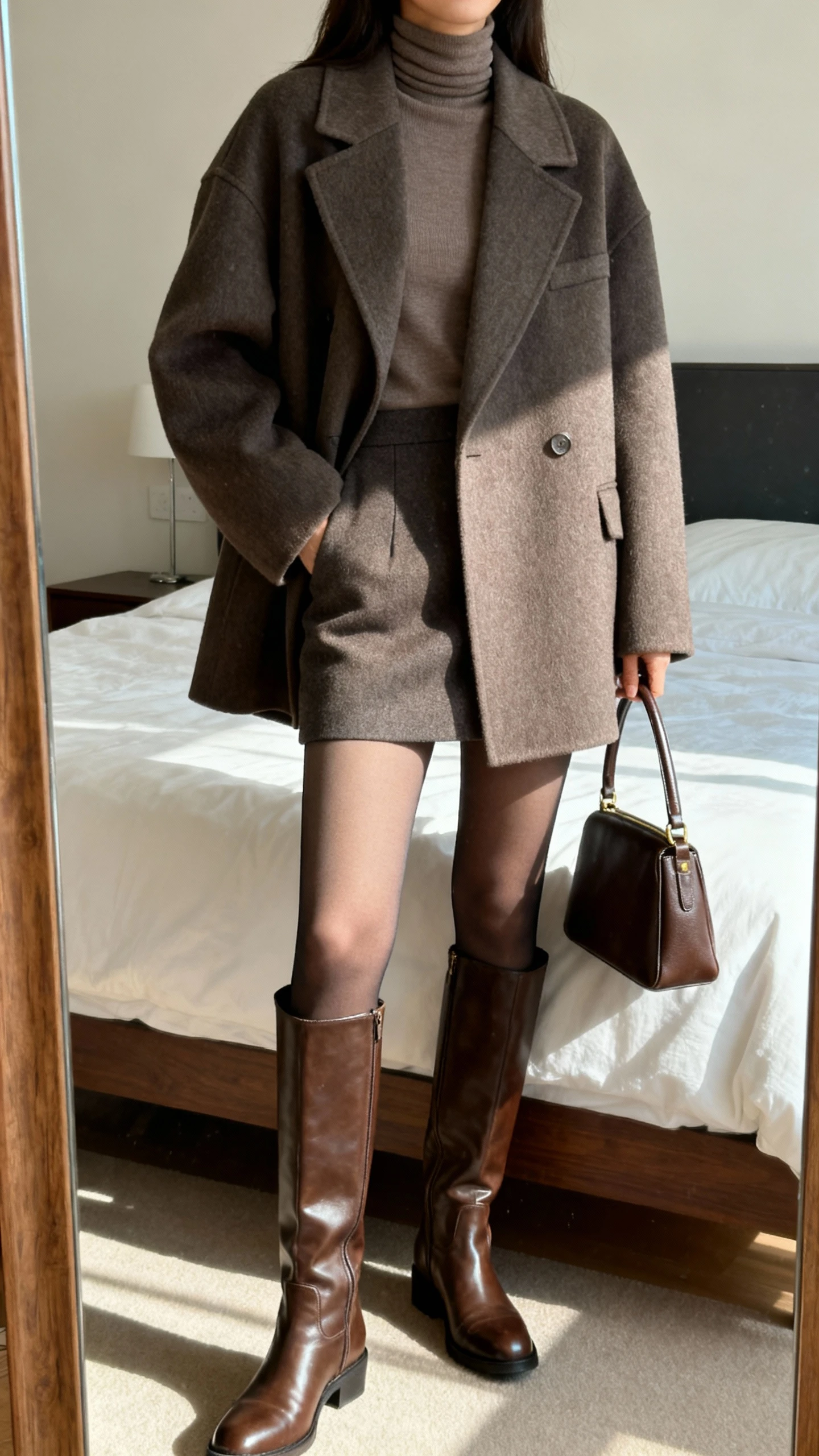 iPhone mirror selfie of a woman wearing a structured oversized coat over a micro skirt, tall knee-high leather boots, and a slim turtleneck, with a top-handle bag and opaque tights, face not visible, cropped at shoulders, bedroom mirror, natural daylight, iPhone photo quality.