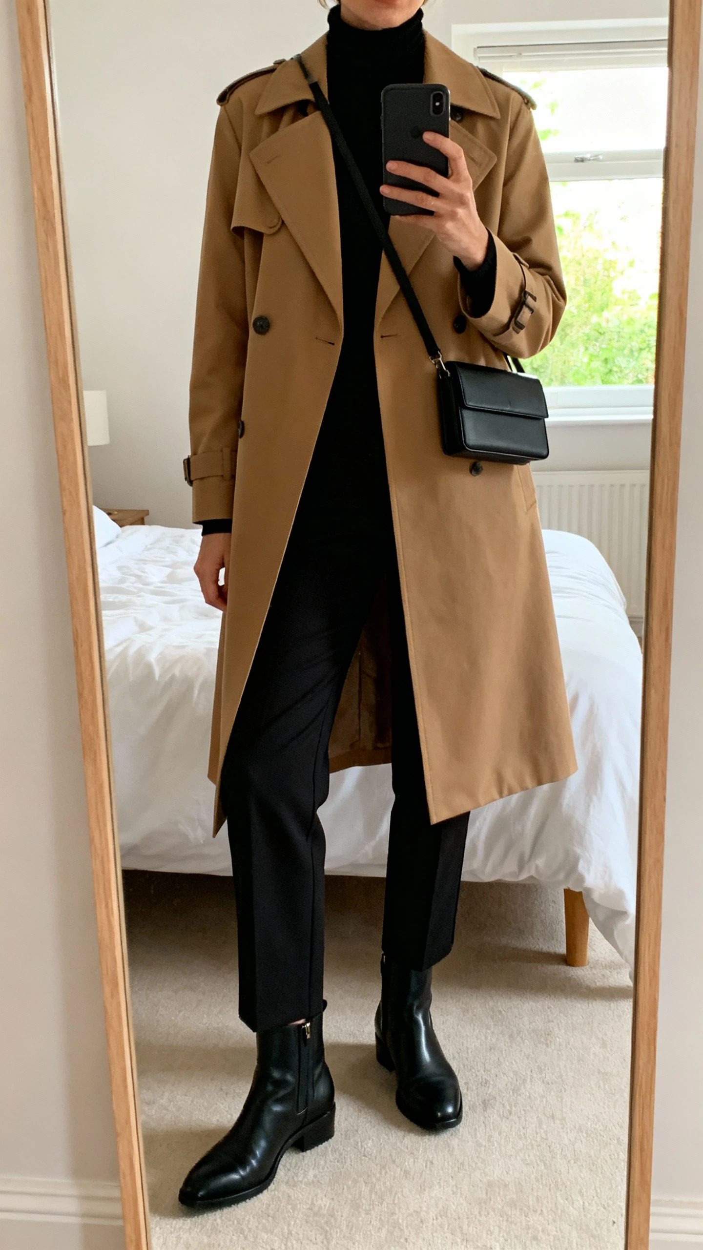 iPhone mirror selfie of a woman wearing a tailored camel trench over a black monochrome column (black turtleneck and black tailored trousers) with black leather ankle boots and a slim black crossbody, face not visible, cropped at neck, bedroom mirror, morning window light, iPhone photo quality.