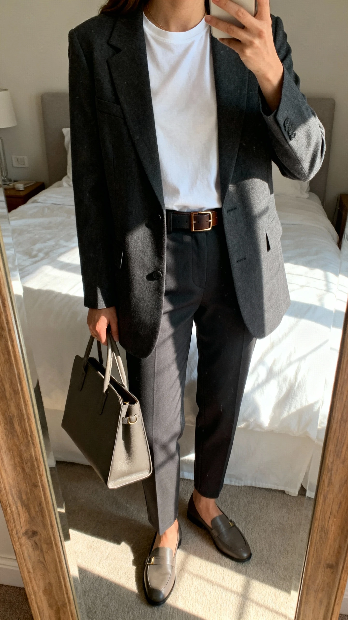 iPhone mirror selfie of a woman wearing a tailored blazer over a classic white tee, straight-leg trousers, minimalist leather belt, loafers, and a structured tote, face not visible, cropped at neck, bedroom mirror with natural morning window light, iPhone photo quality.