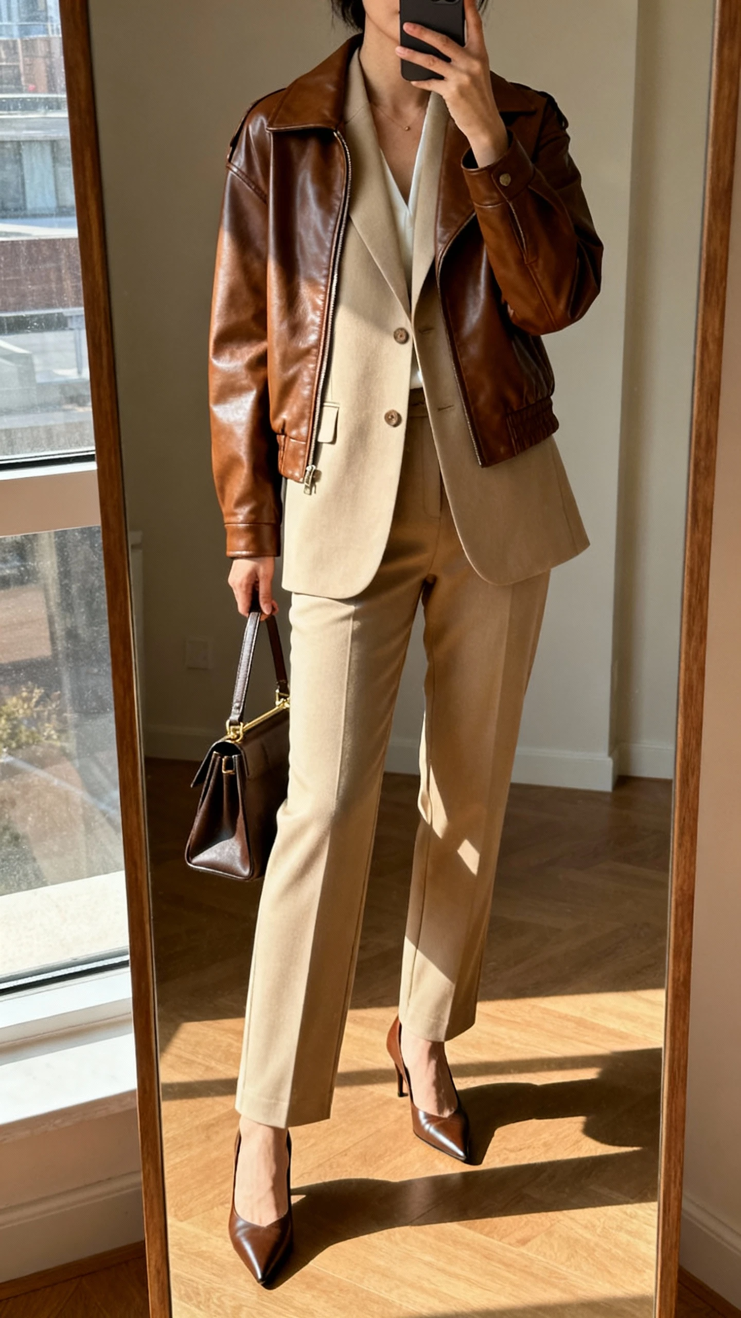 iPhone mirror selfie of a woman wearing a tailored beige blazer under a brown leather jacket with straight-leg trousers, pointed-toe heels, and a structured handbag, face not visible, cropped at neck, full-length mirror, indoor window light, iPhone photo quality