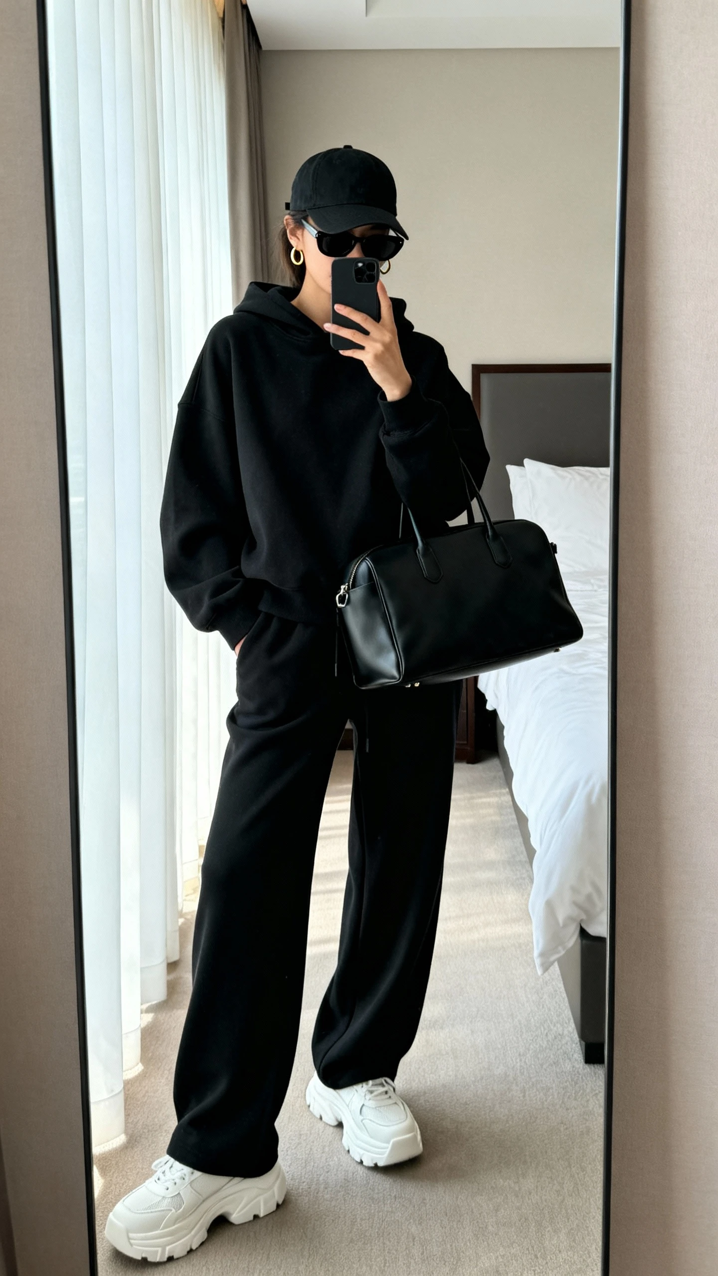 iPhone mirror selfie of a woman wearing an airport-ready monochrome set: black oversized hoodie, matching black wide-leg joggers, black baseball cap, chunky white sneakers, structured black tote, slim black sunglasses, minimal gold hoops, face not visible, cropped at neck, bedroom full-length mirror, soft morning window light, iPhone photo quality