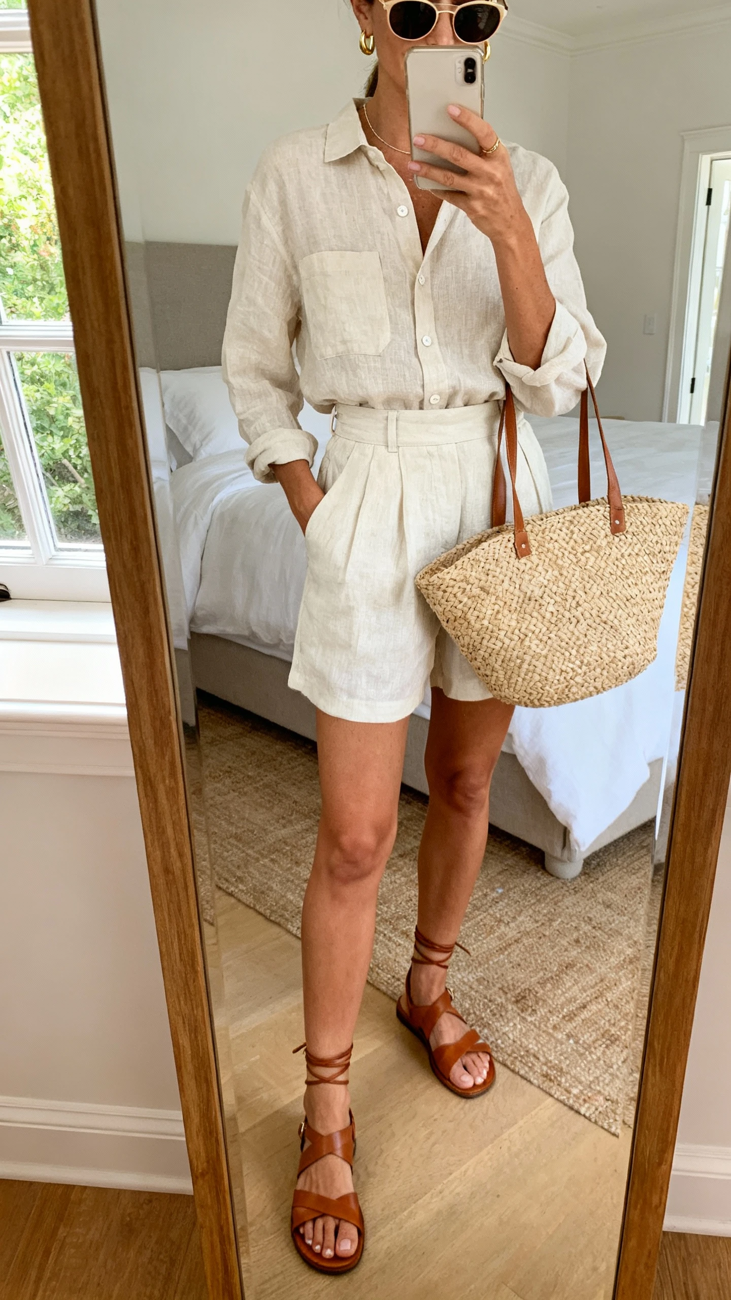 iPhone mirror selfie of a woman wearing an Amalfi-inspired matching linen set (linen button-up shirt and high-waist linen shorts), strappy leather sandals, woven straw tote, slim sunglasses, delicate gold hoops, face not visible, cropped at neck, bedroom mirror, natural window light, iPhone photo quality.