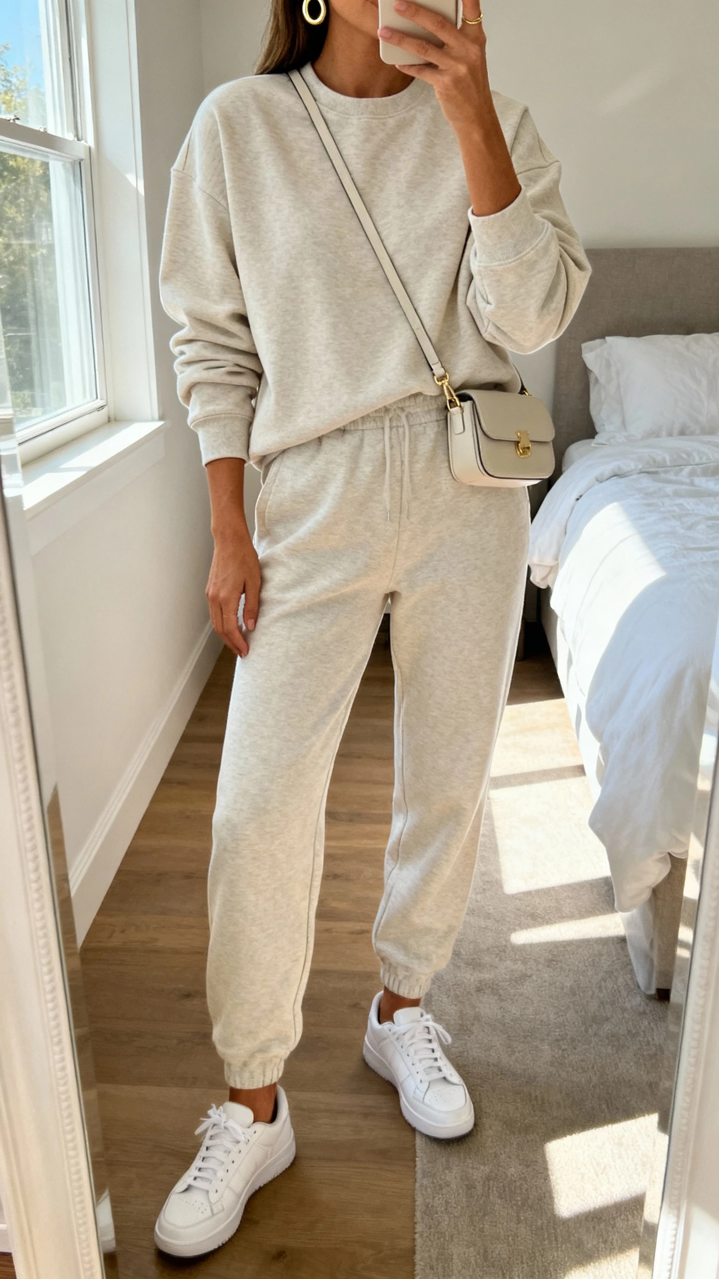 iPhone mirror selfie of a woman wearing an elevated matching sweats set (tailored sweatshirt and joggers), crisp white sneakers, small crossbody bag, simple gold hoops, face not visible, cropped at neck, bedroom mirror with morning window light, iPhone photo quality.