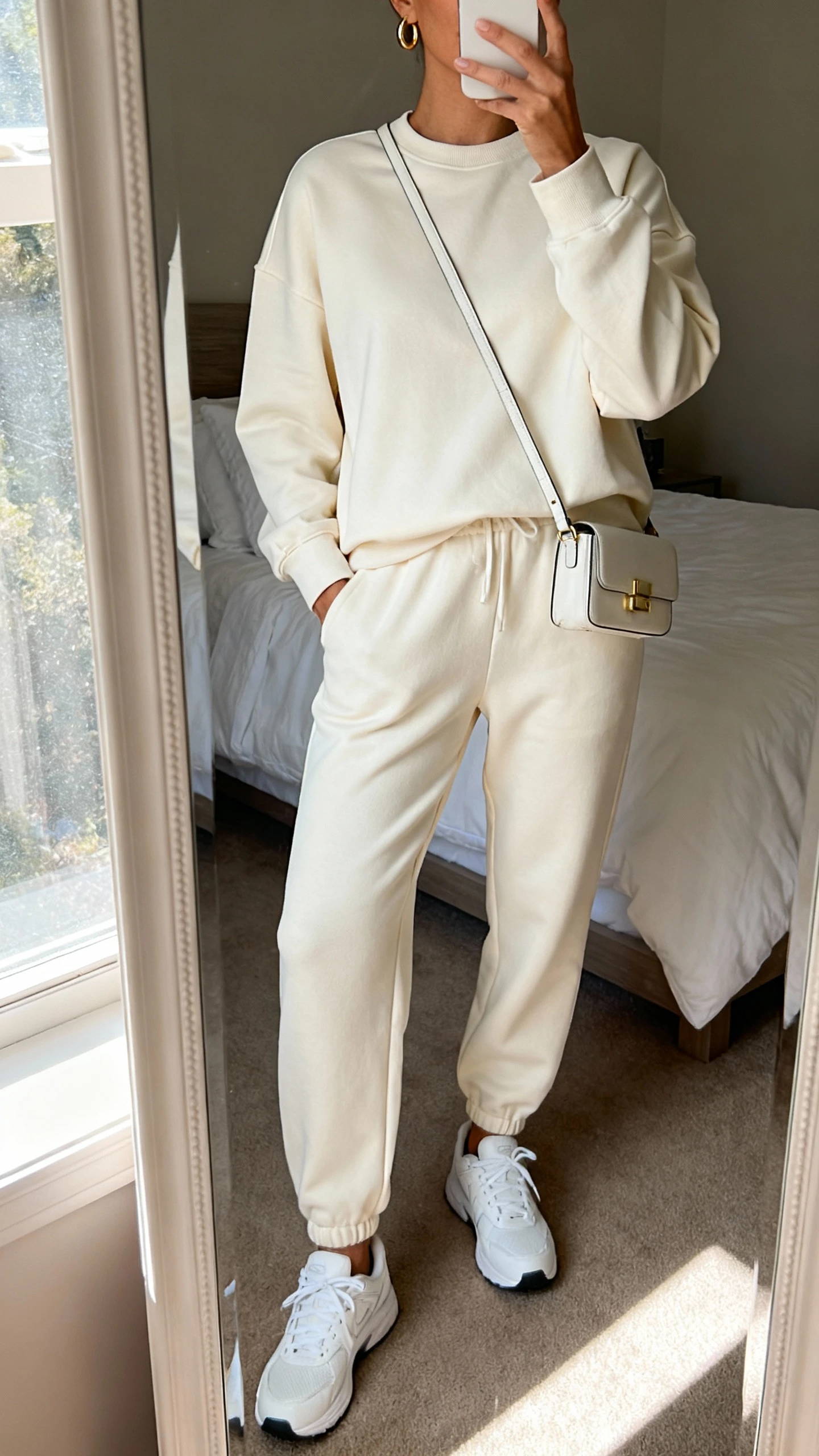 iPhone mirror selfie of a woman wearing an elevated matching sweats set (tailored sweatshirt and joggers), clean white sneakers, small crossbody bag, minimal gold hoops, face not visible, cropped at neck, bedroom mirror with natural morning window light, iPhone photo quality.