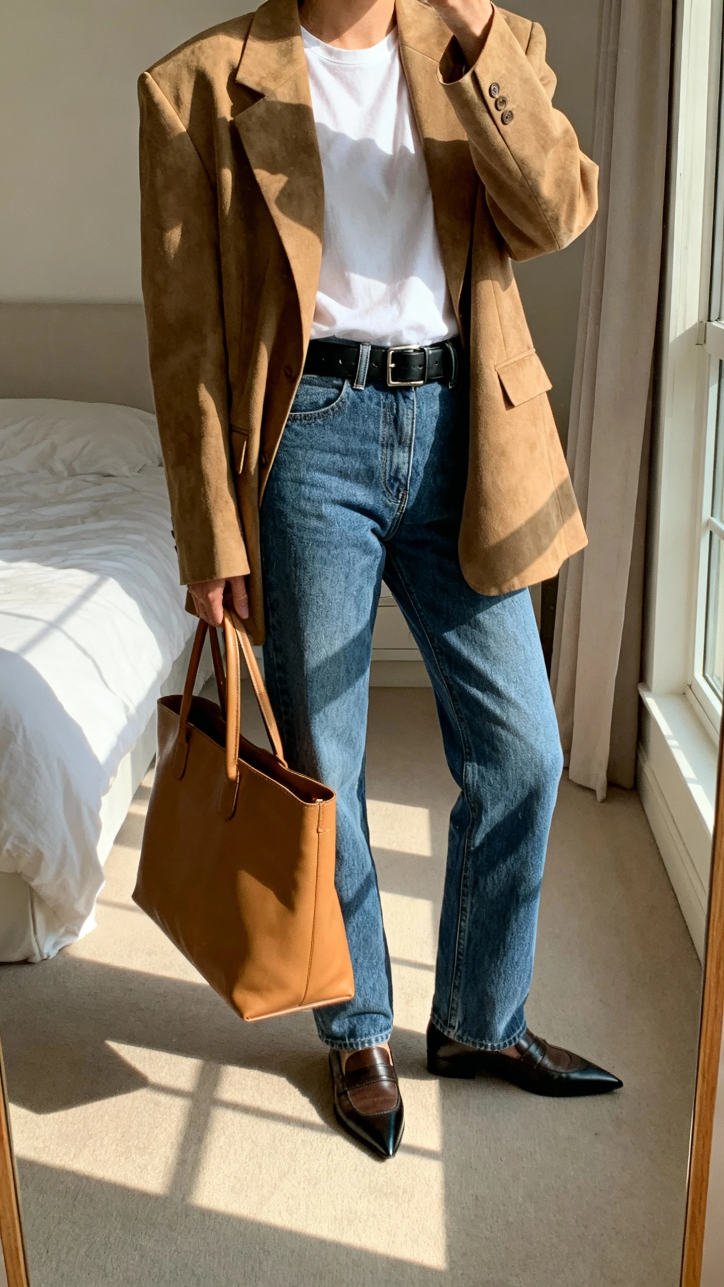 iPhone mirror selfie of a woman wearing an oversized vintage power blazer over a crisp white tee, straight-leg blue denim jeans, black leather belt, pointed-toe loafers, and a structured tote, face not visible, cropped at neck, bedroom mirror with natural window light, iPhone photo quality.