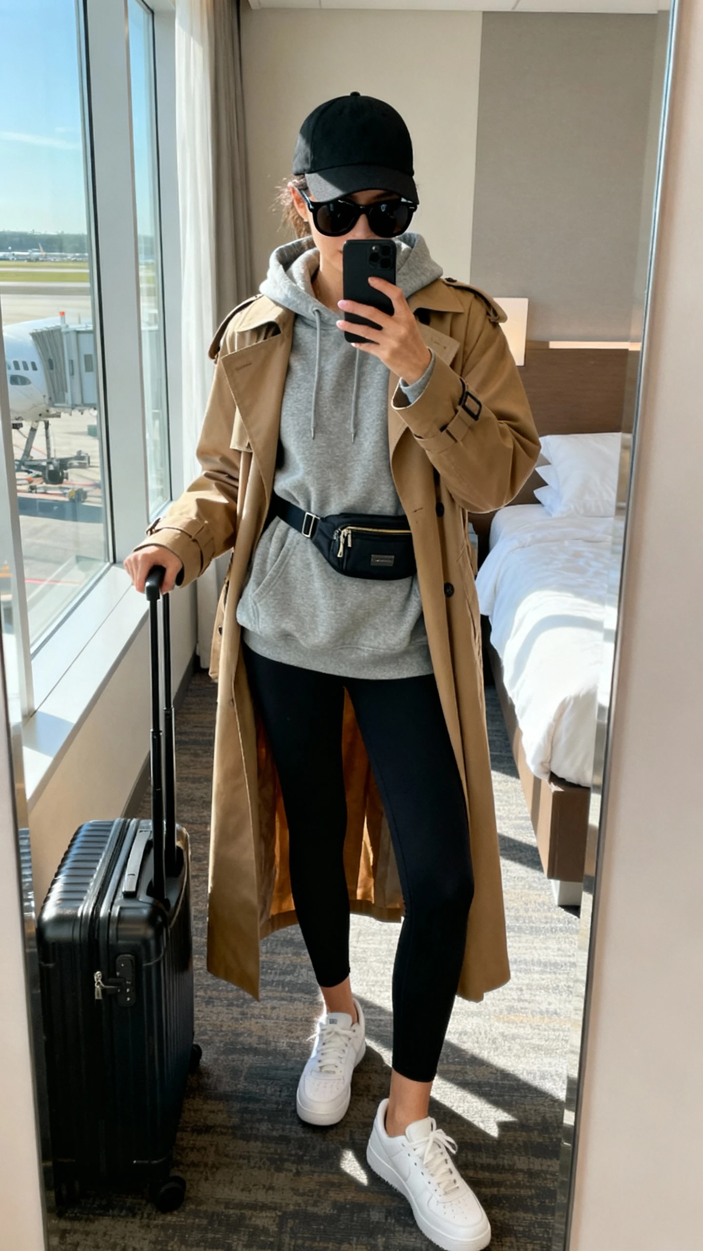 iPhone mirror selfie of a woman wearing an oversized gray hoodie, black leggings, long camel trench coat, white sneakers, black baseball cap, oversized black sunglasses, crossbody belt bag, rolling carry-on by her side; face not visible, cropped at neck, airport-style bedroom mirror, morning window light, iPhone photo quality.