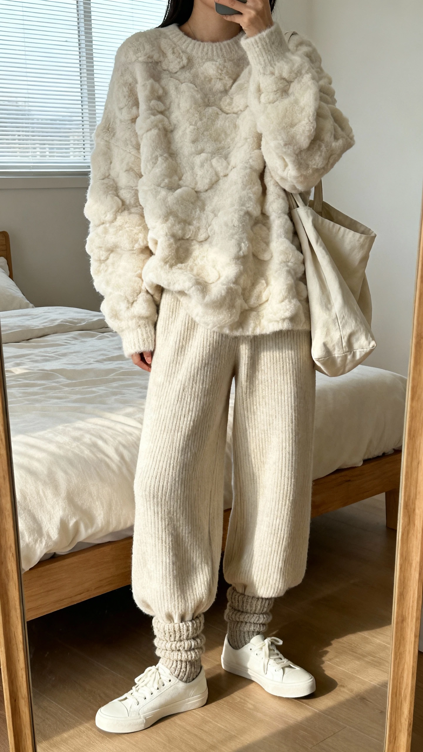 iPhone mirror selfie of a woman wearing an ultra-soft cloudlike oversized sweater with wide-leg knit pants, chunky wool socks, minimalist white sneakers, and a slouchy tote, face not visible, cropped at neck, bedroom mirror, morning window light, iPhone photo quality.