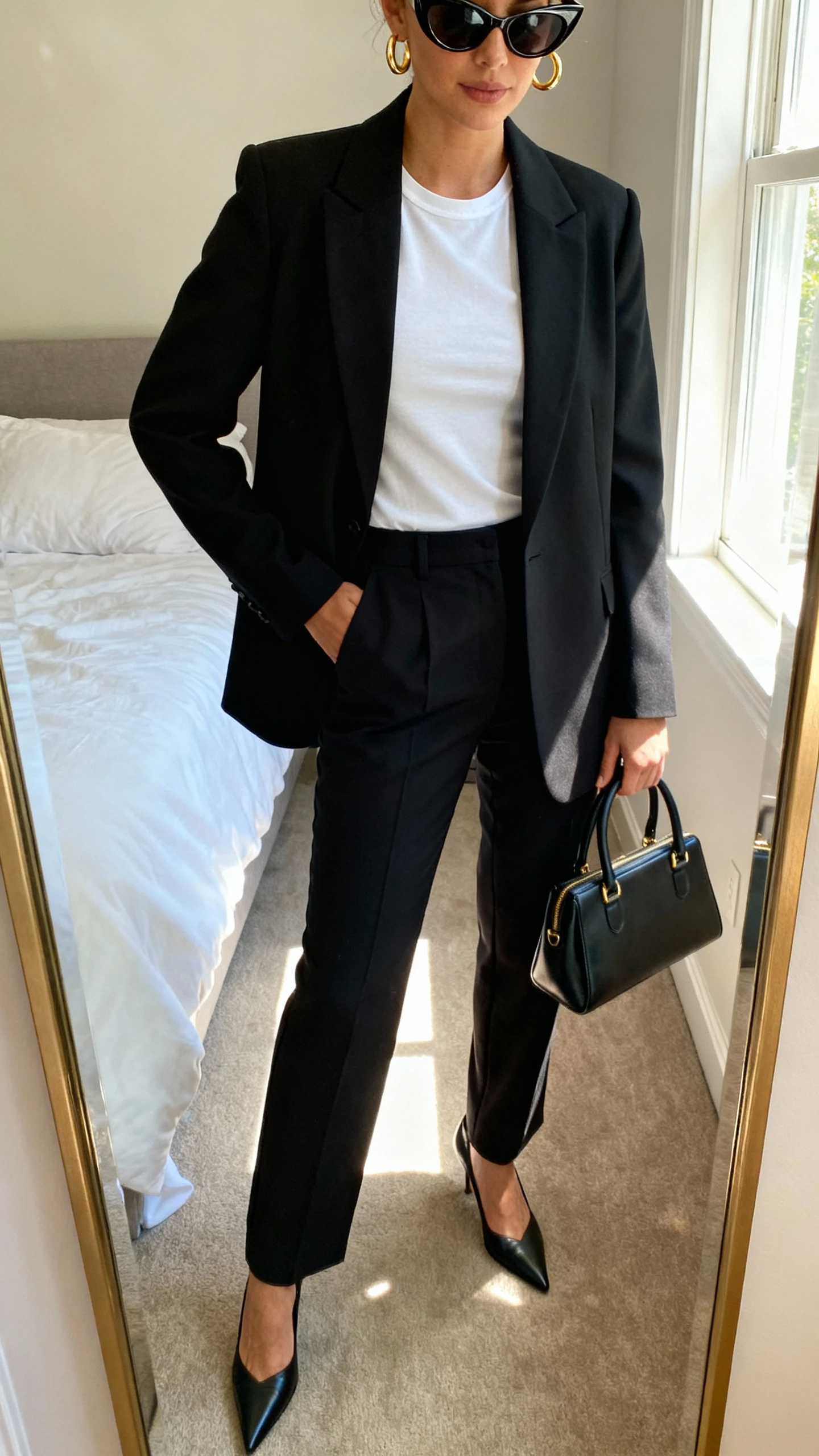 iPhone mirror selfie of a woman wearing cat-eye sunglasses, a sharp black blazer over a white fitted tee, tailored high-waist trousers, pointed heels, a structured top-handle bag, and gold hoop earrings, face not visible, cropped at neck, bedroom mirror, natural window light, iPhone photo quality.