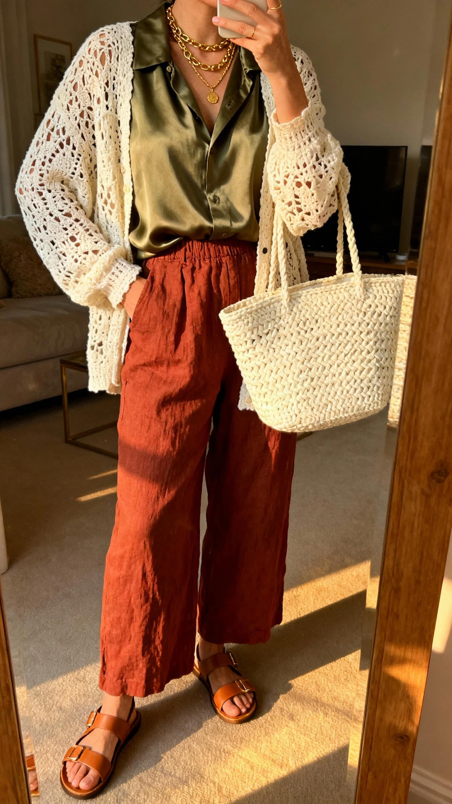 iPhone mirror selfie of a woman wearing earthy boho luxe: olive silk blouse, rust wide-leg linen pants, cream crochet cardigan, tan leather sandals, layered gold necklaces, woven cream tote; face not visible, cropped at neck, living room mirror with golden hour light, iPhone photo quality.