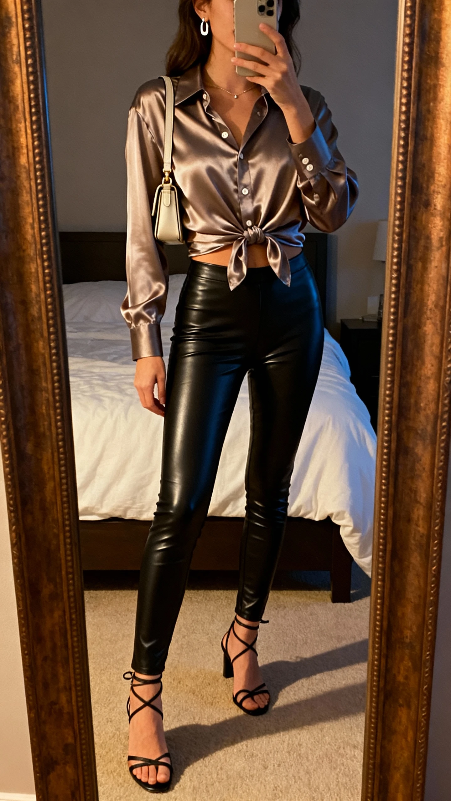 iPhone mirror selfie of a woman wearing faux leather leggings, a satin button-down shirt half-tucked, strappy heels, a small shoulder bag, and delicate earrings, face not visible, cropped at shoulders, bedroom mirror with warm evening indoor light, iPhone photo quality.