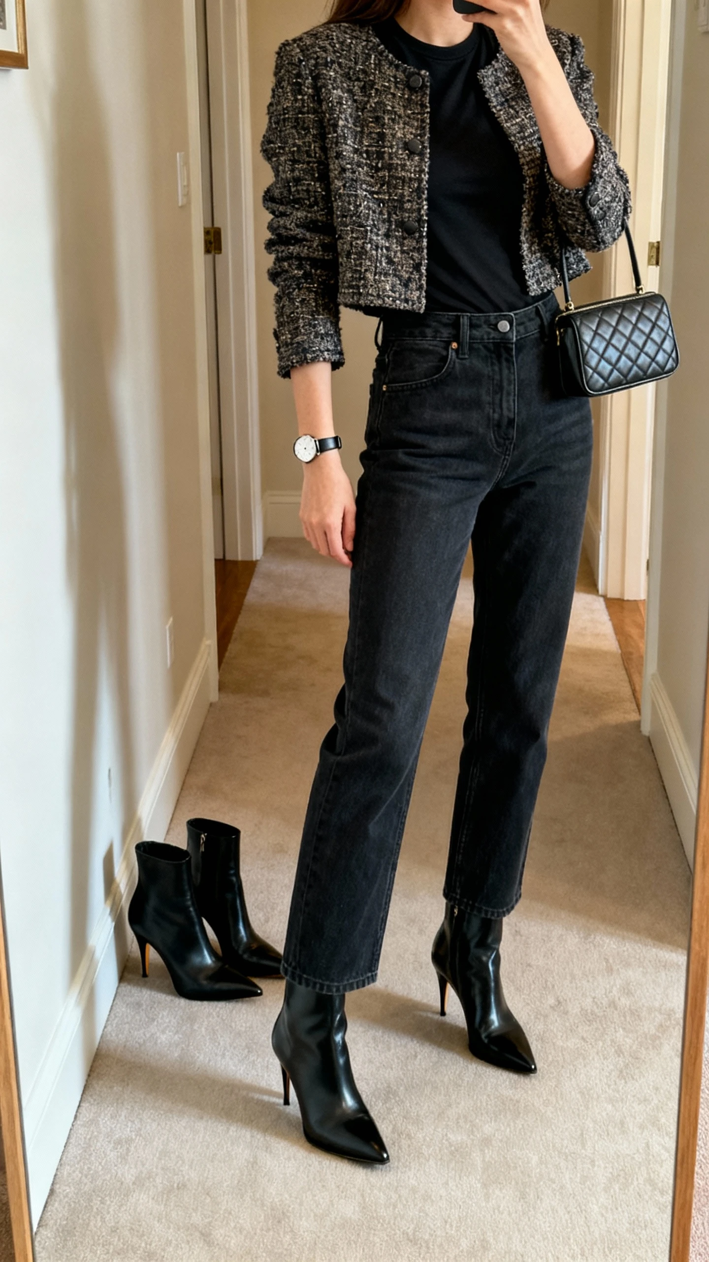 iPhone mirror selfie of a woman wearing high-rise dark straight-leg jeans with a black fitted tee and a cropped bouclé jacket, polished black ankle boots on and stiletto ankle boots nearby, simple watch and quilted mini bag; face not visible, side angle, entryway full-length mirror, warm indoor lighting, iPhone photo quality.