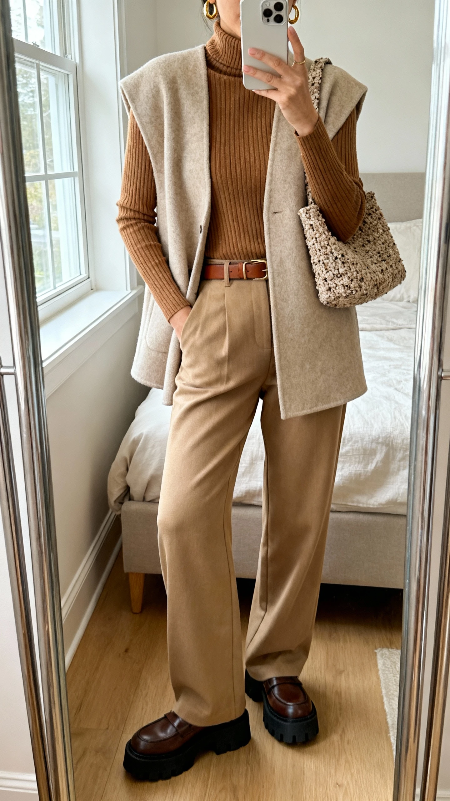 iPhone mirror selfie of a woman wearing layered neutrals: a camel ribbed turtleneck under an oatmeal oversized vest, sand wide-leg trousers, chunky sole loafers, a textured boucle shoulder bag, minimal gold hoops, and a thin leather belt, face not visible, cropped at shoulders, full-length mirror in bedroom, natural window light, iPhone photo quality.