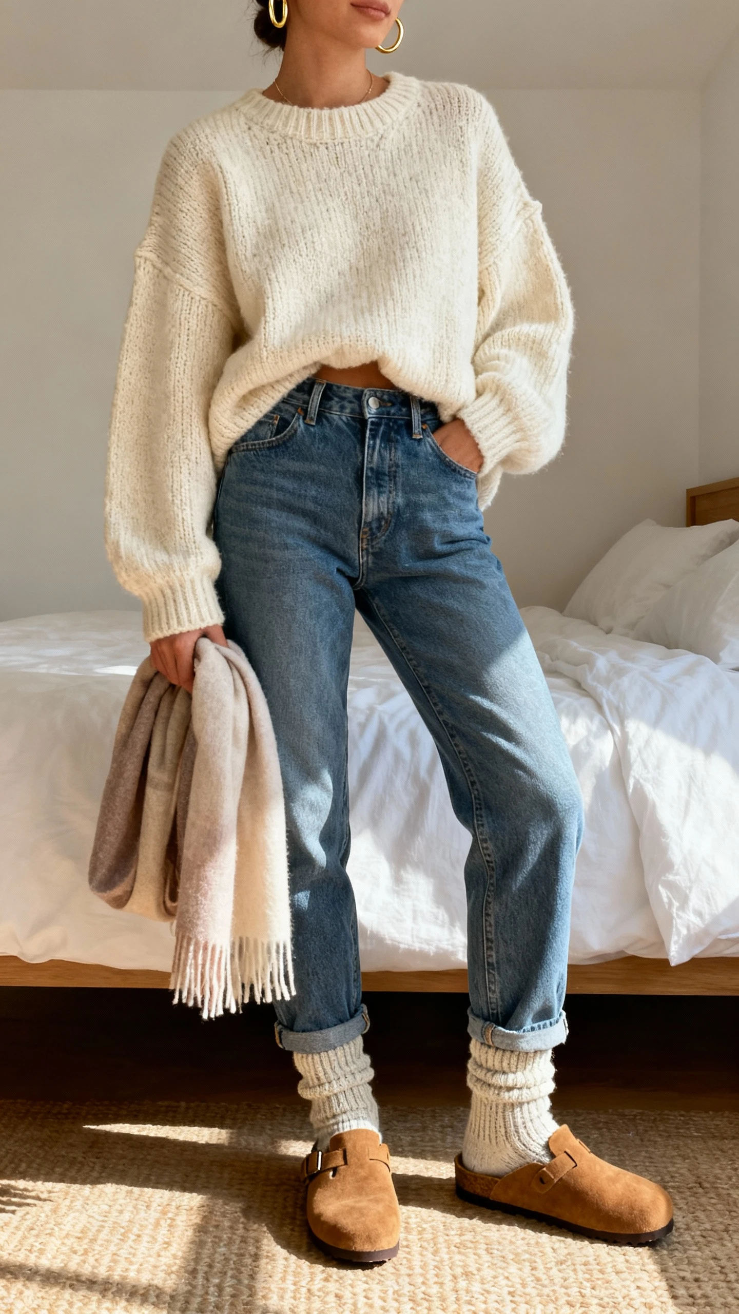 iPhone mirror selfie of a woman wearing mom jeans, an oversized chunky cream sweater half-tucked, cozy wool socks with suede clogs, delicate gold hoops, and a soft scarf draped over arm, face not visible, cropped at shoulders, warm bedroom lighting, iPhone photo quality.