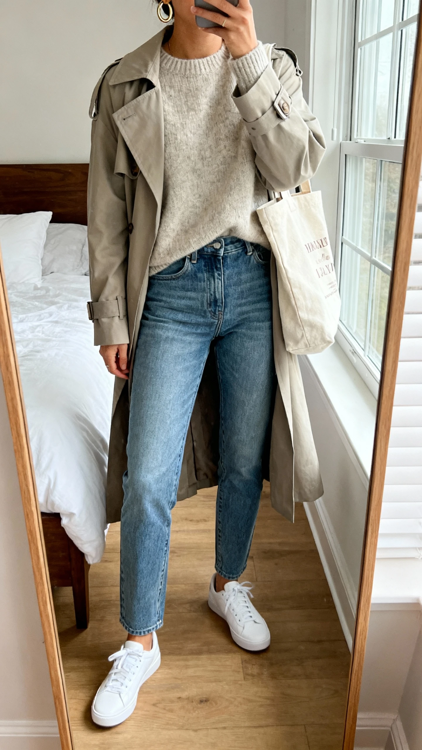 iPhone mirror selfie of a woman wearing soft stretch denim jeans, relaxed cashmere sweater, lightweight trench, low-profile white sneakers, simple hoop earrings and a canvas tote, face not visible, cropped at shoulders, bedroom mirror, natural window light, iPhone photo quality.