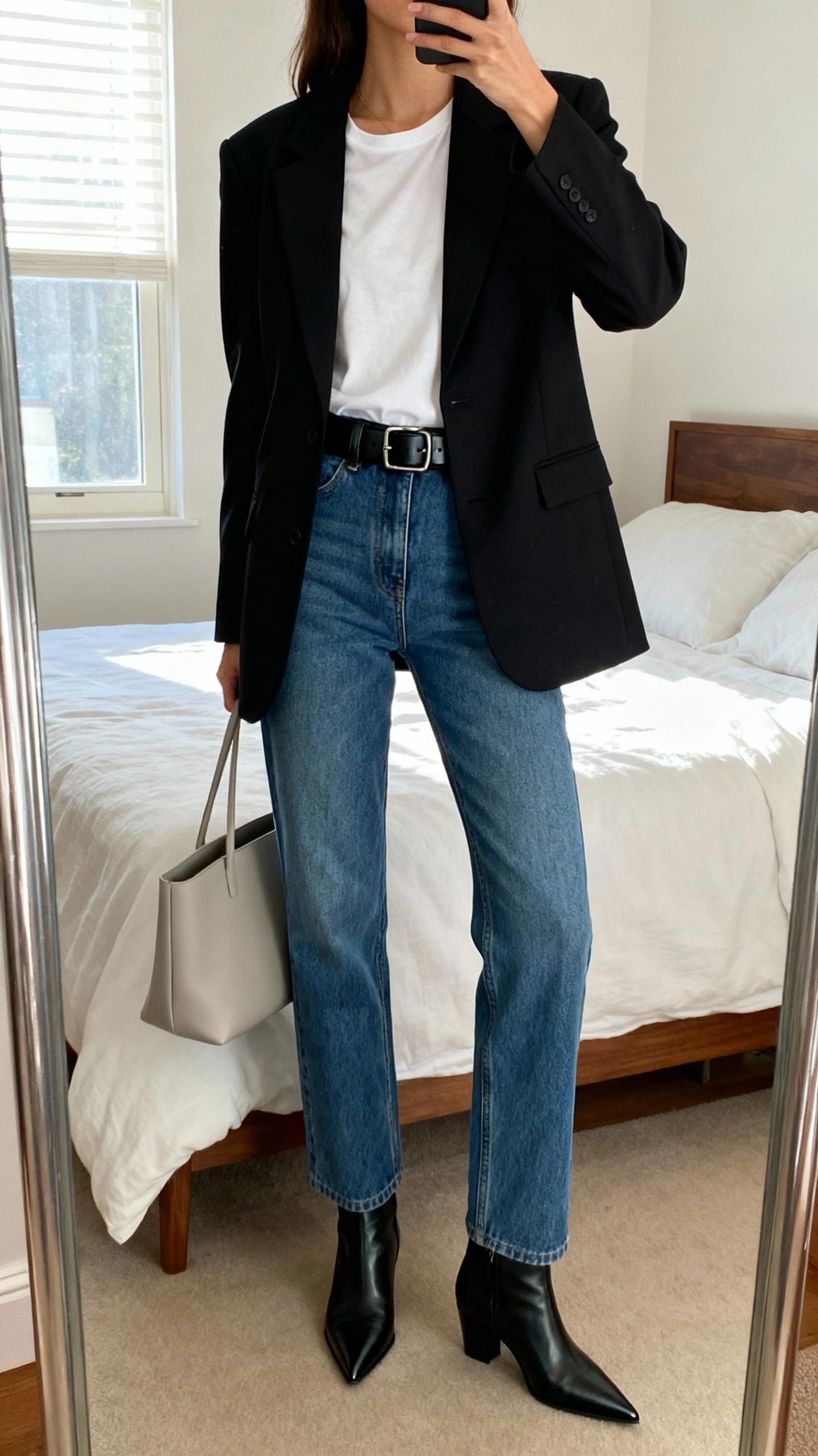 iPhone mirror selfie of a woman wearing straight-leg blue jeans, a structured black blazer over a white tee, black leather belt, pointed-toe ankle boots, and a minimalist tote, face not visible, cropped at neck, bedroom mirror with morning window light, iPhone photo quality.