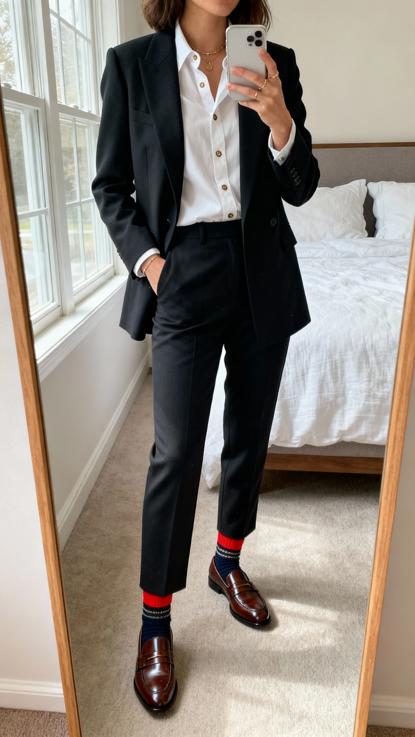 iPhone mirror selfie of a woman wearing tailored trousers, a crisp button-down under a structured blazer, classic leather loafers with polished statement socks that pop, minimal jewelry, face not visible, cropped at neck, bedroom mirror, natural window light, iPhone photo quality.